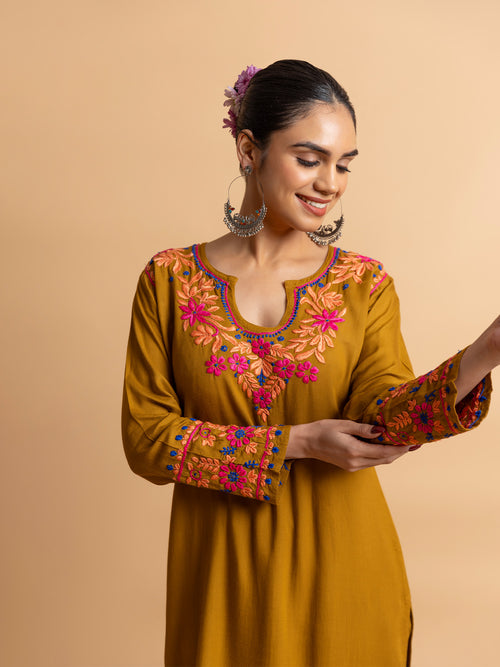 Saba Chikankari Cotton Silk Kurta Set for Women - Mustard