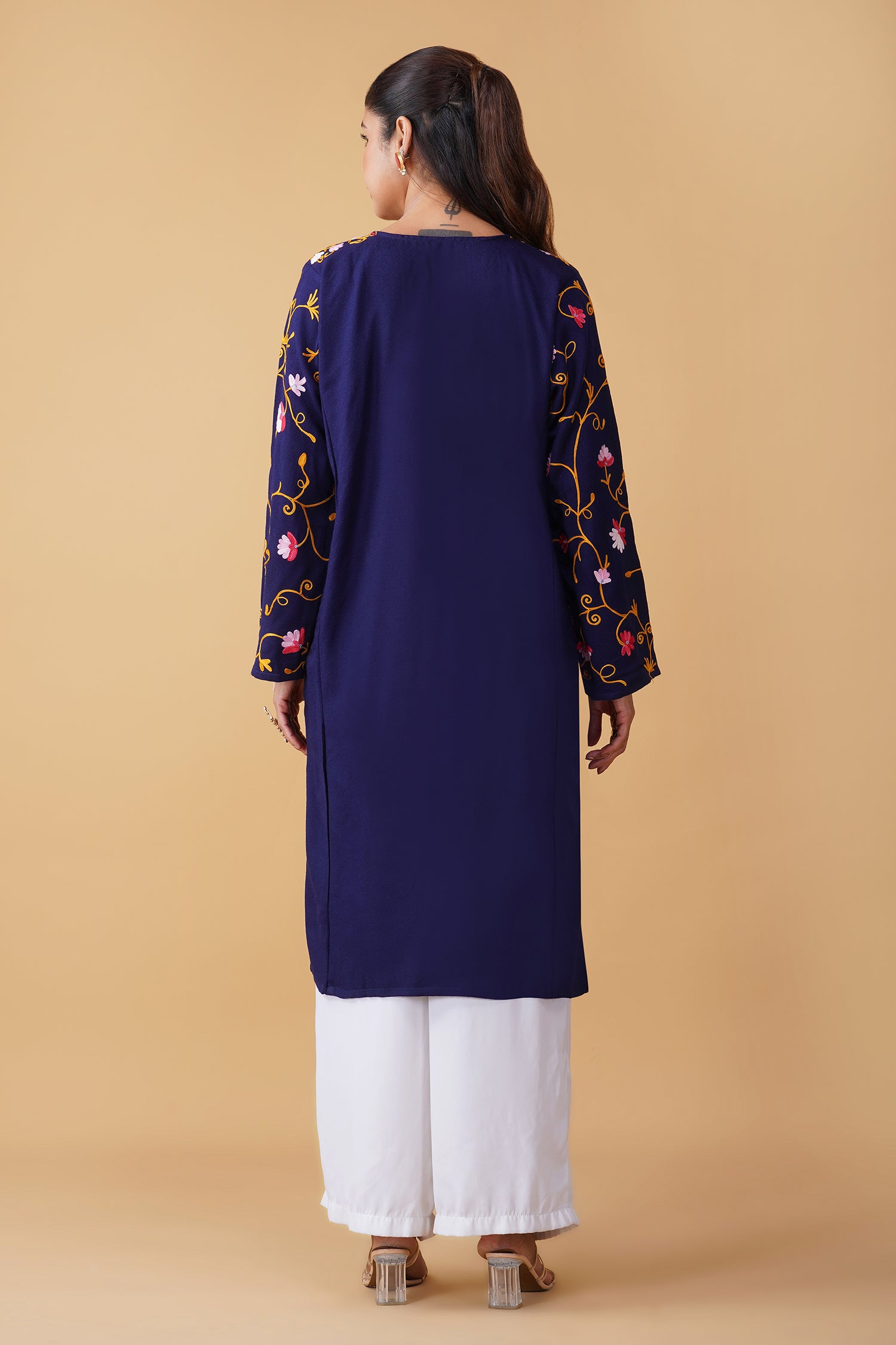Woolen Phiran in Kashmiri Aari Embroidery - Blue