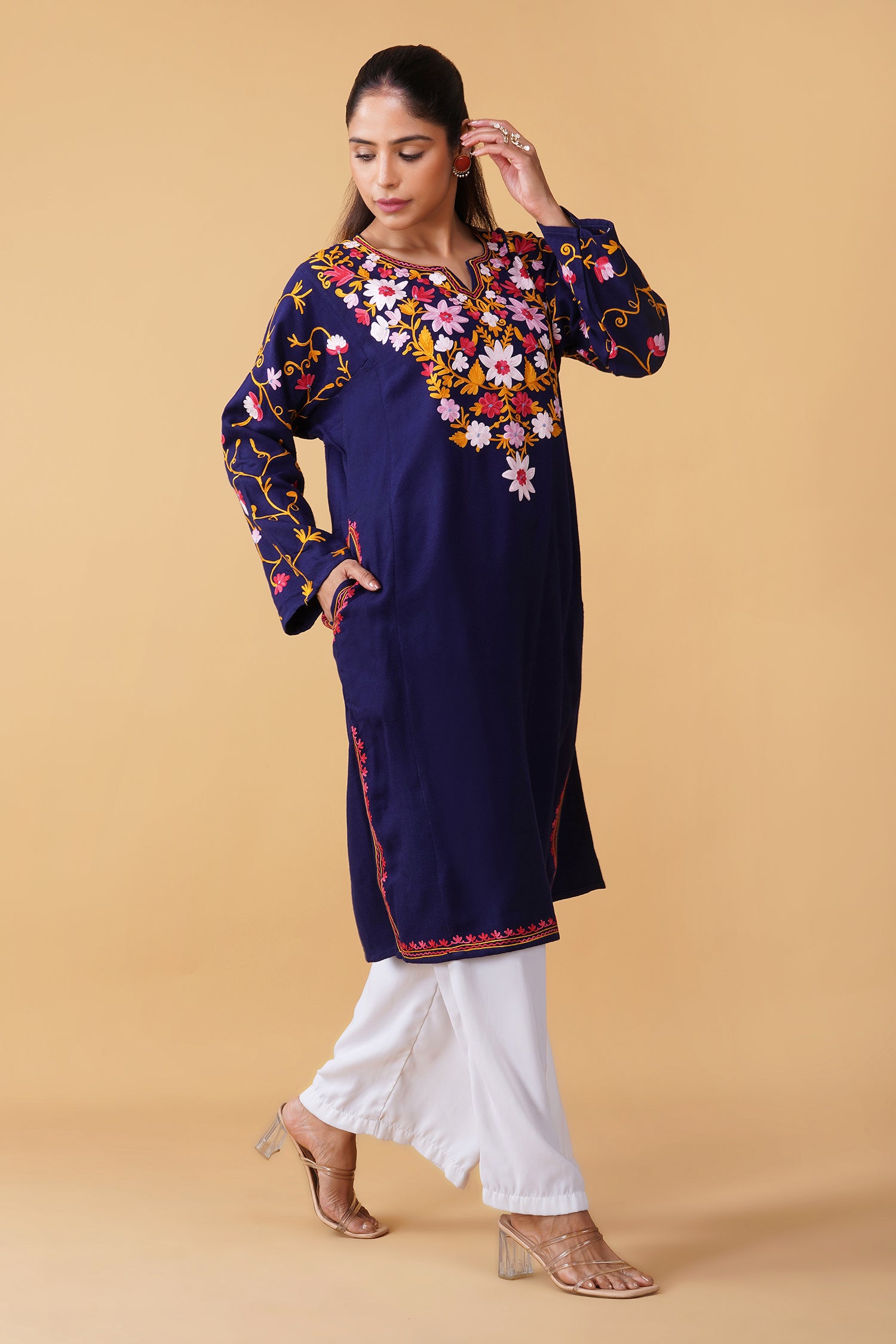 Woolen Phiran in Kashmiri Aari Embroidery - Blue