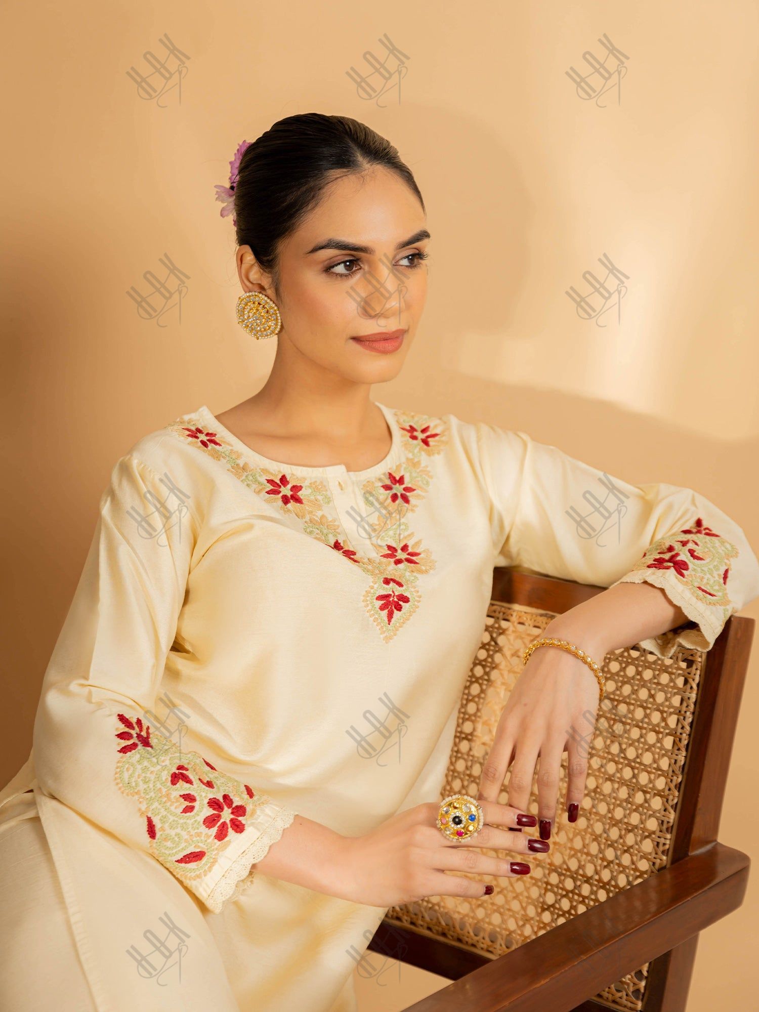 Saba Chikankari Chanderi Silk Kurta Set for Women - Beige