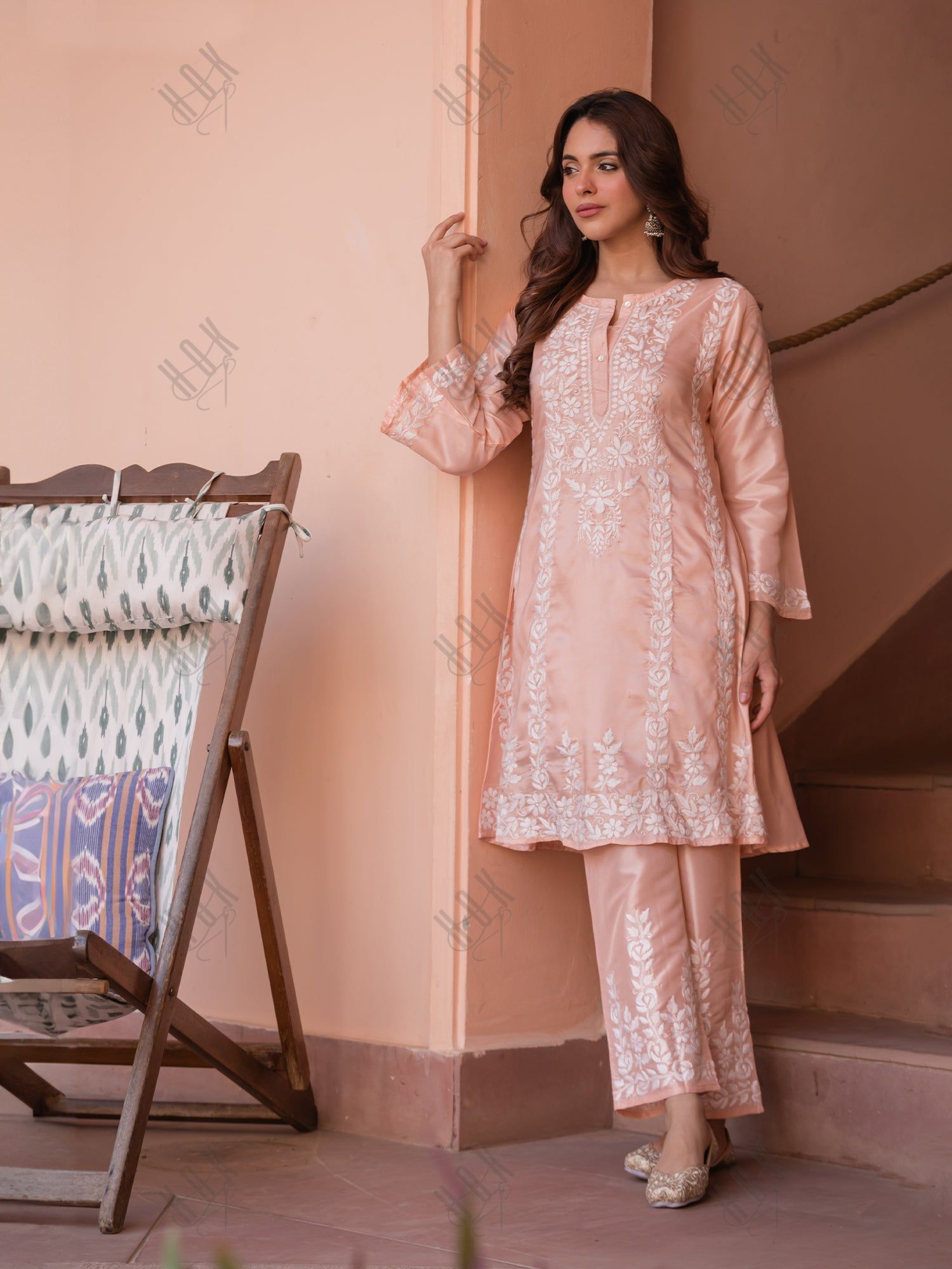 Saba Chikankari Kurta Set in Habutai Silk - Peach