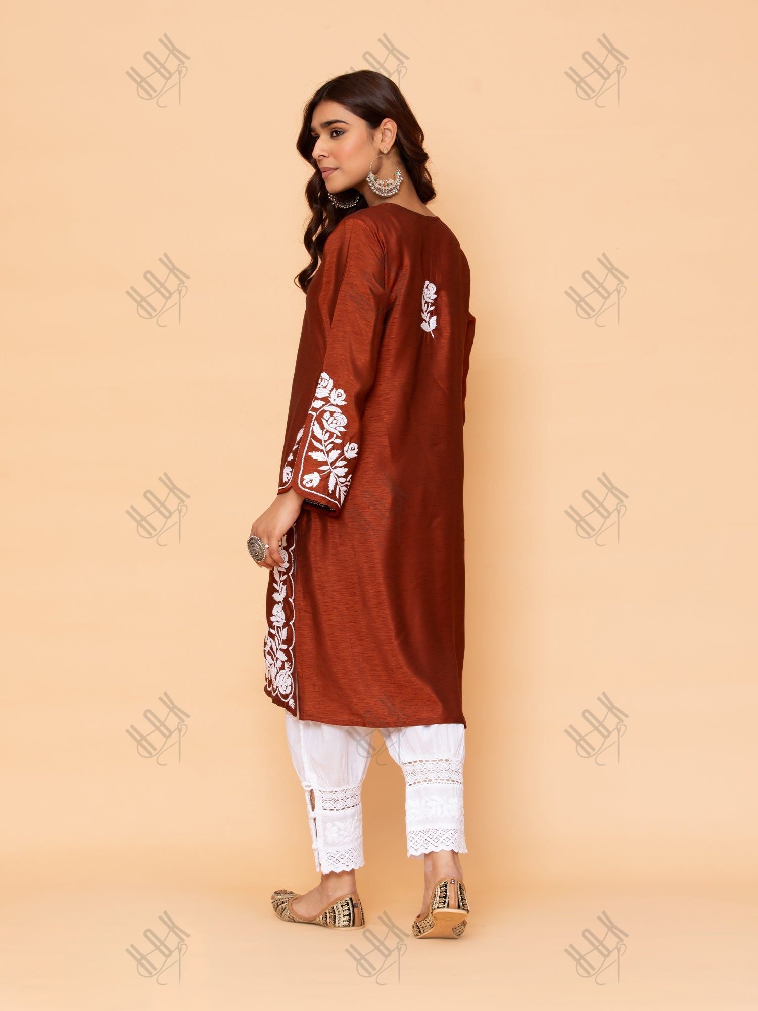 Saba Chikankari Long Kurta in Barfi Silk - Chutney