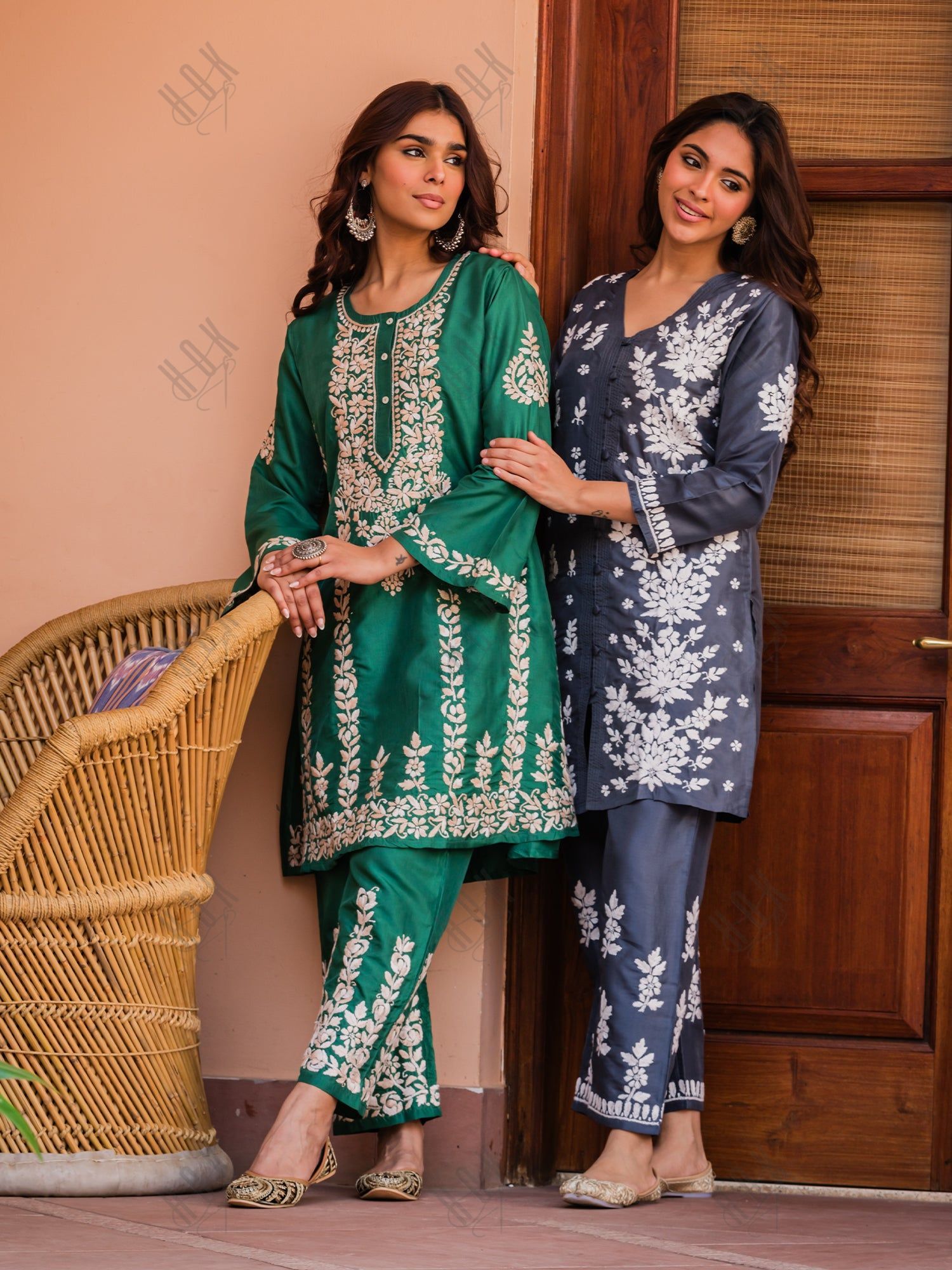 Saba Chikankari Kurta Set in Habutai Silk - Green