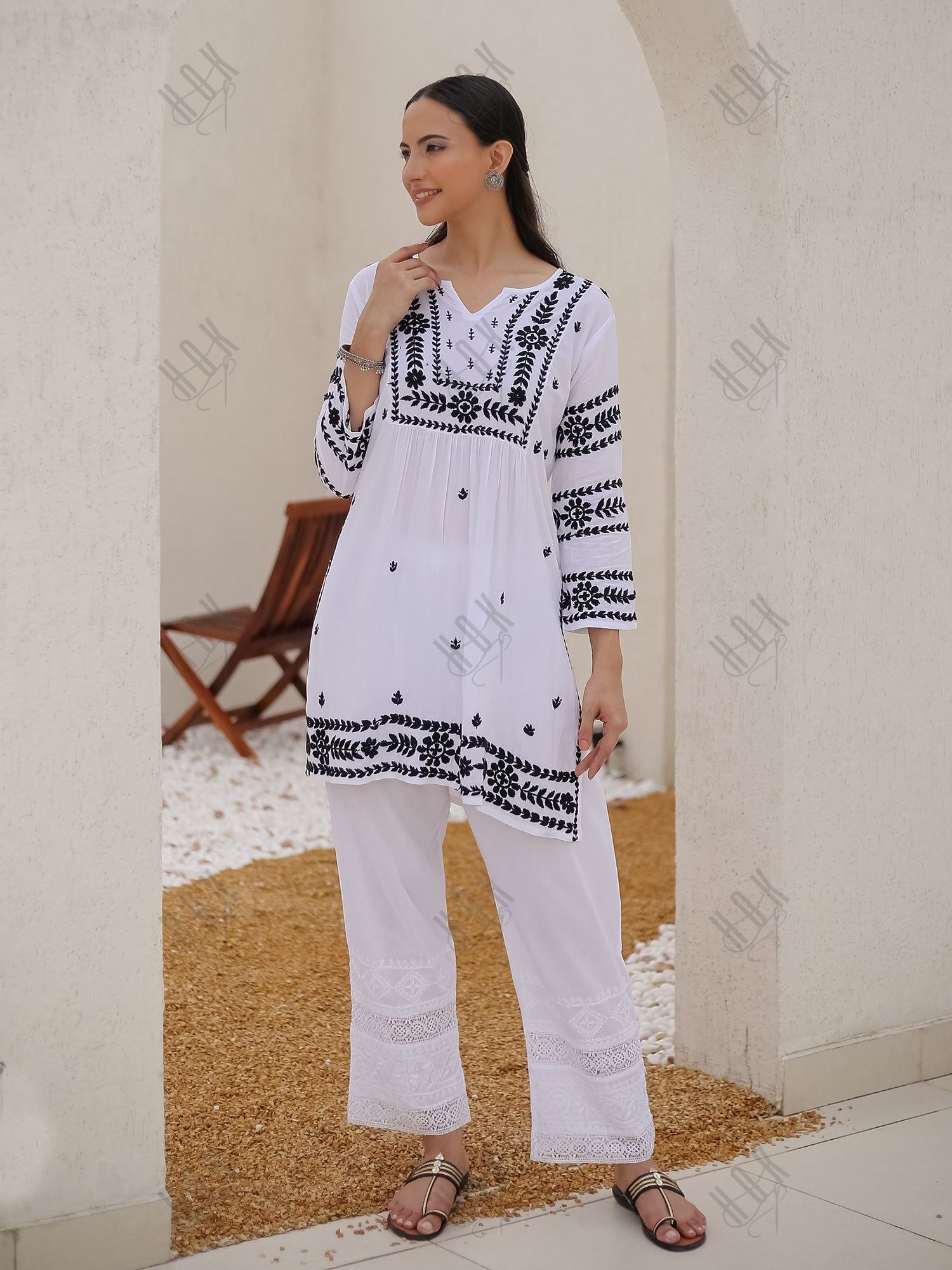 Saba Chikankari Short Kurta in Rayon cotton - White With Black