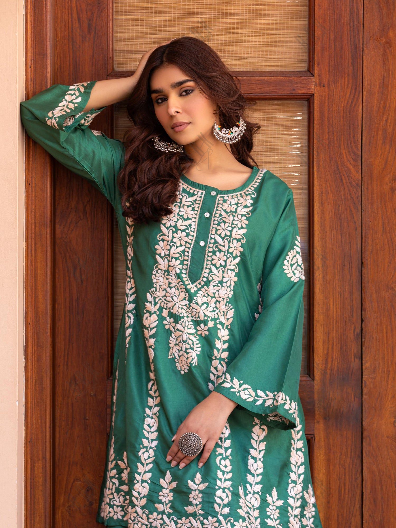 Saba Chikankari Kurta Set in Habutai Silk - Green