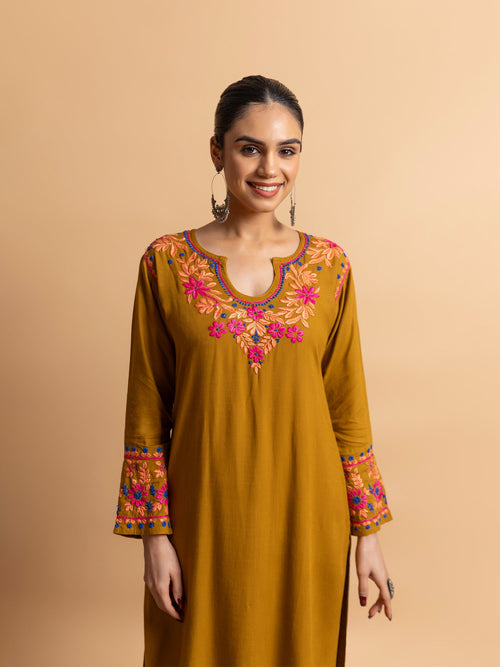 Sonakshi in Fizaa's Chikankari Cotton Silk Kurta Set for Women - Mustard