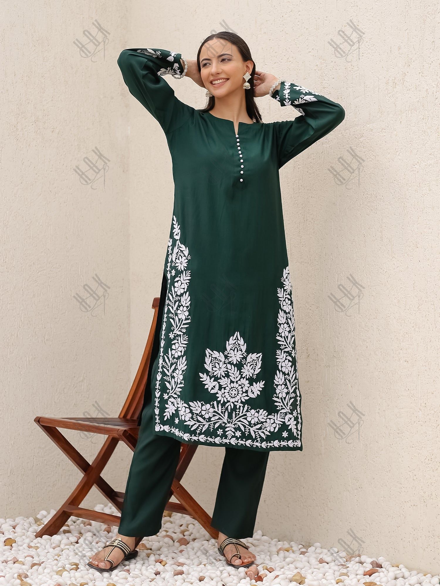 Saba Chikankari Kurta Set in Modal Silk -Green