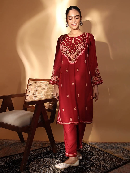 Fizaa's Chikankari Cotton Silk Kurta Set for Women - Maroon
