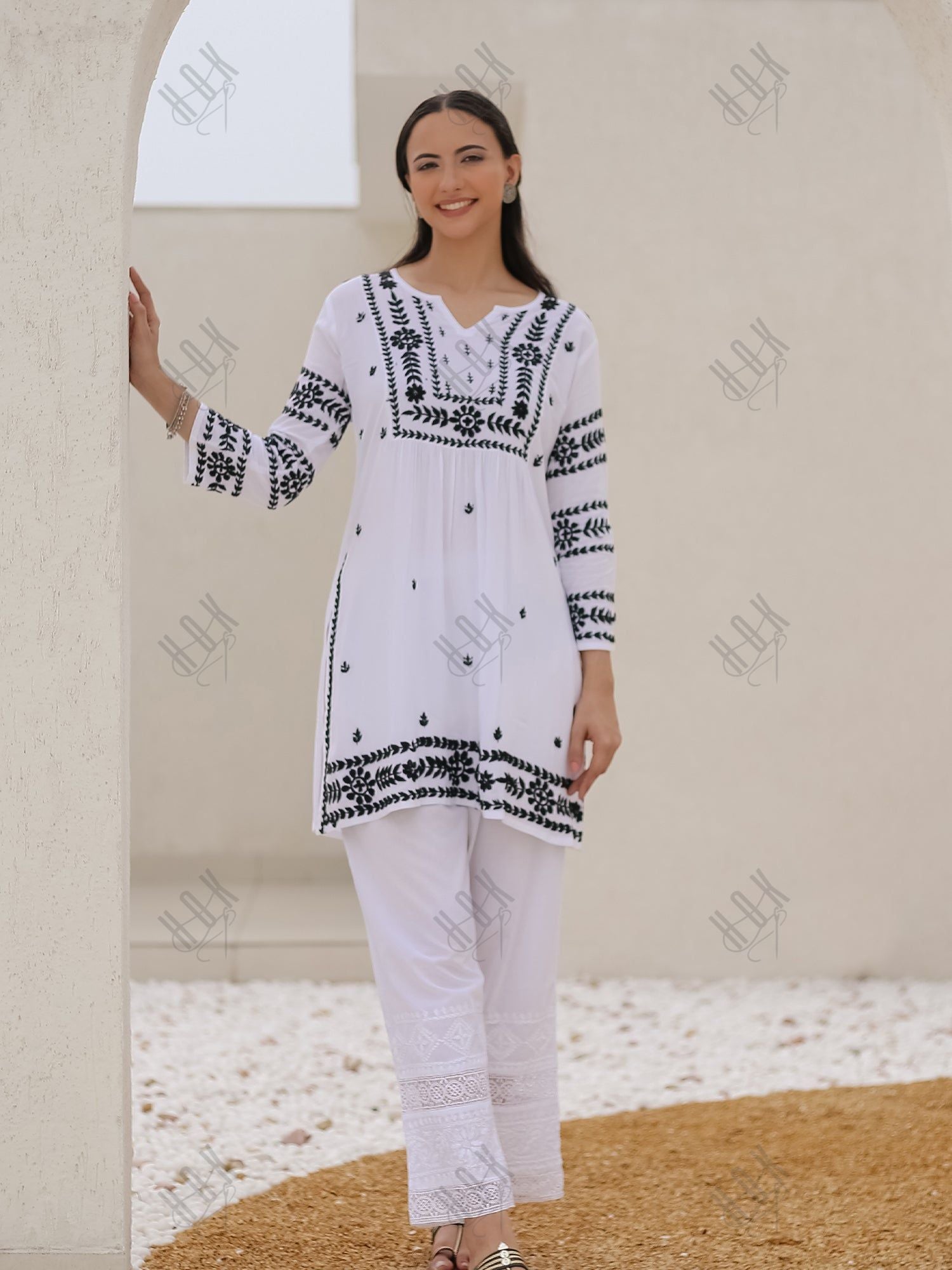 Saba Chikankari Short Kurta in Rayon cotton - White With Black