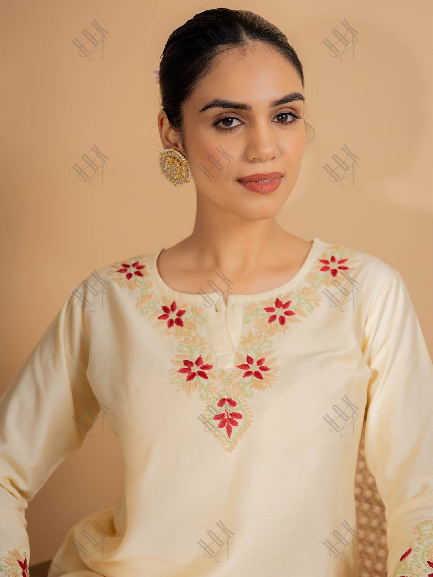 Rimple in Fizaa's Chikankari Chanderi Silk Kurta Set for Women - Beige