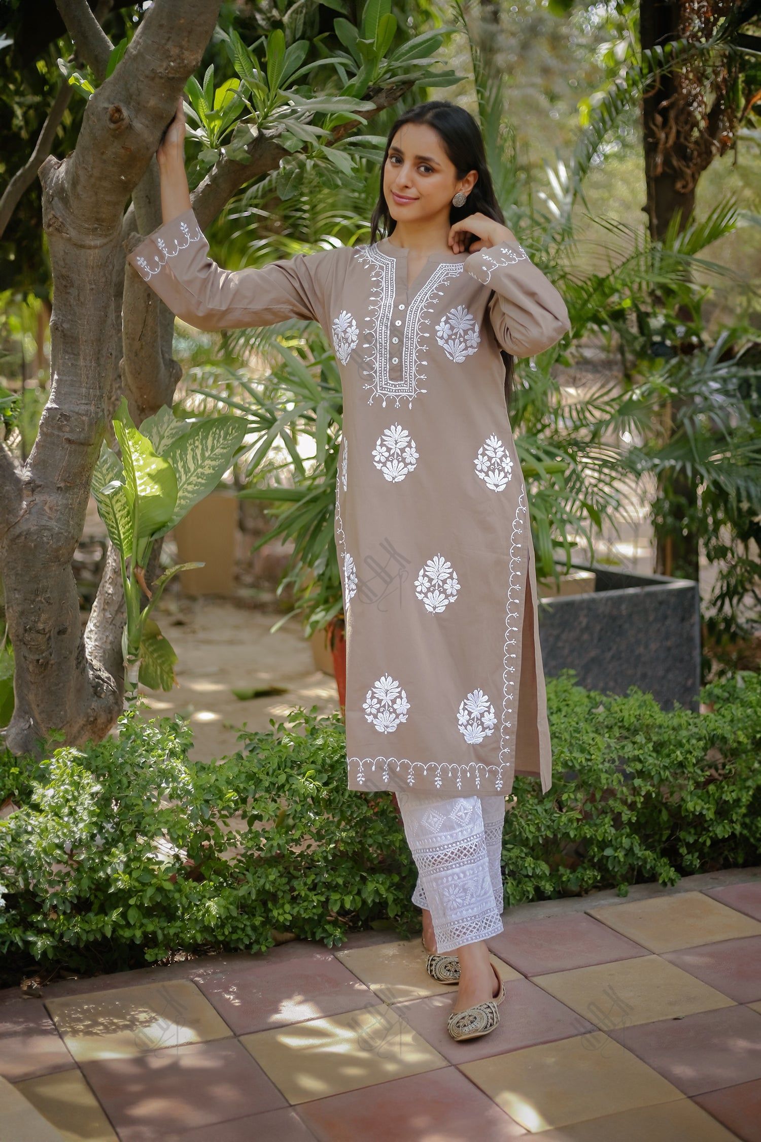 Saba Chikankari Long Kurta In Cotton - Beige