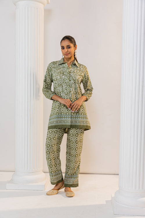 Fizaa Green Silk Print Set with White Hand Embroidery