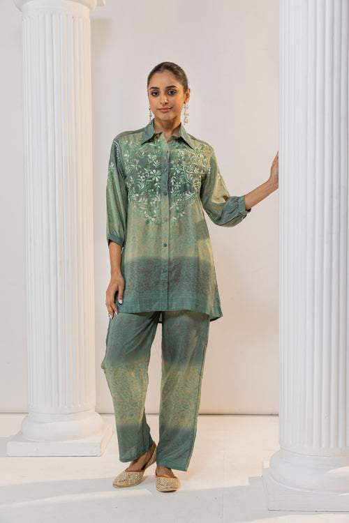 Load image into Gallery viewer, Fizaa Green Poly Silk Set with Exquisite Golden Hand Embroidery
