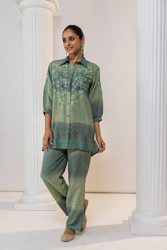 Load image into Gallery viewer, Fizaa Green Poly Silk Set with Exquisite Golden Hand Embroidery
