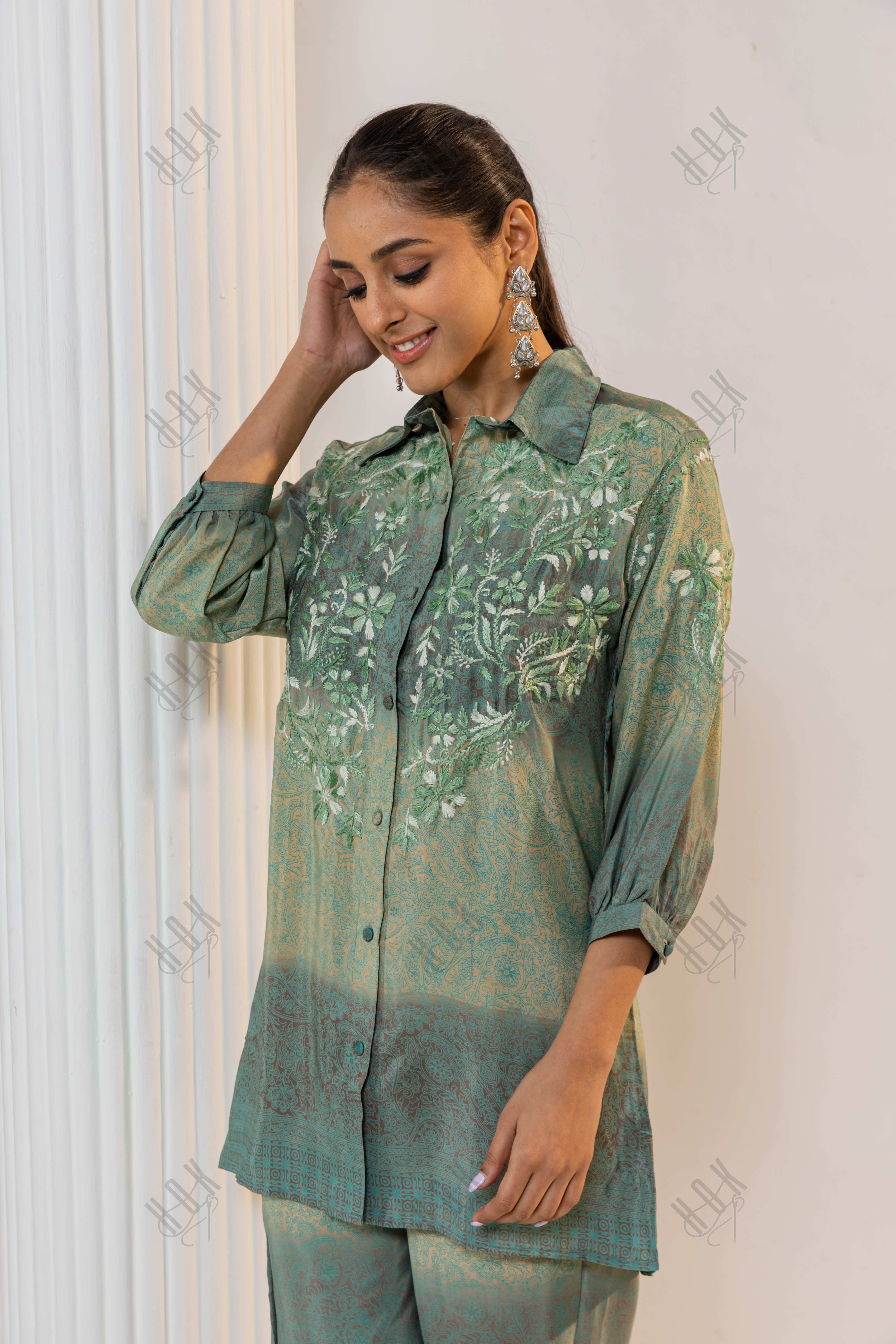 Fizaa Green Poly Silk Set with Exquisite Golden Hand Embroidery