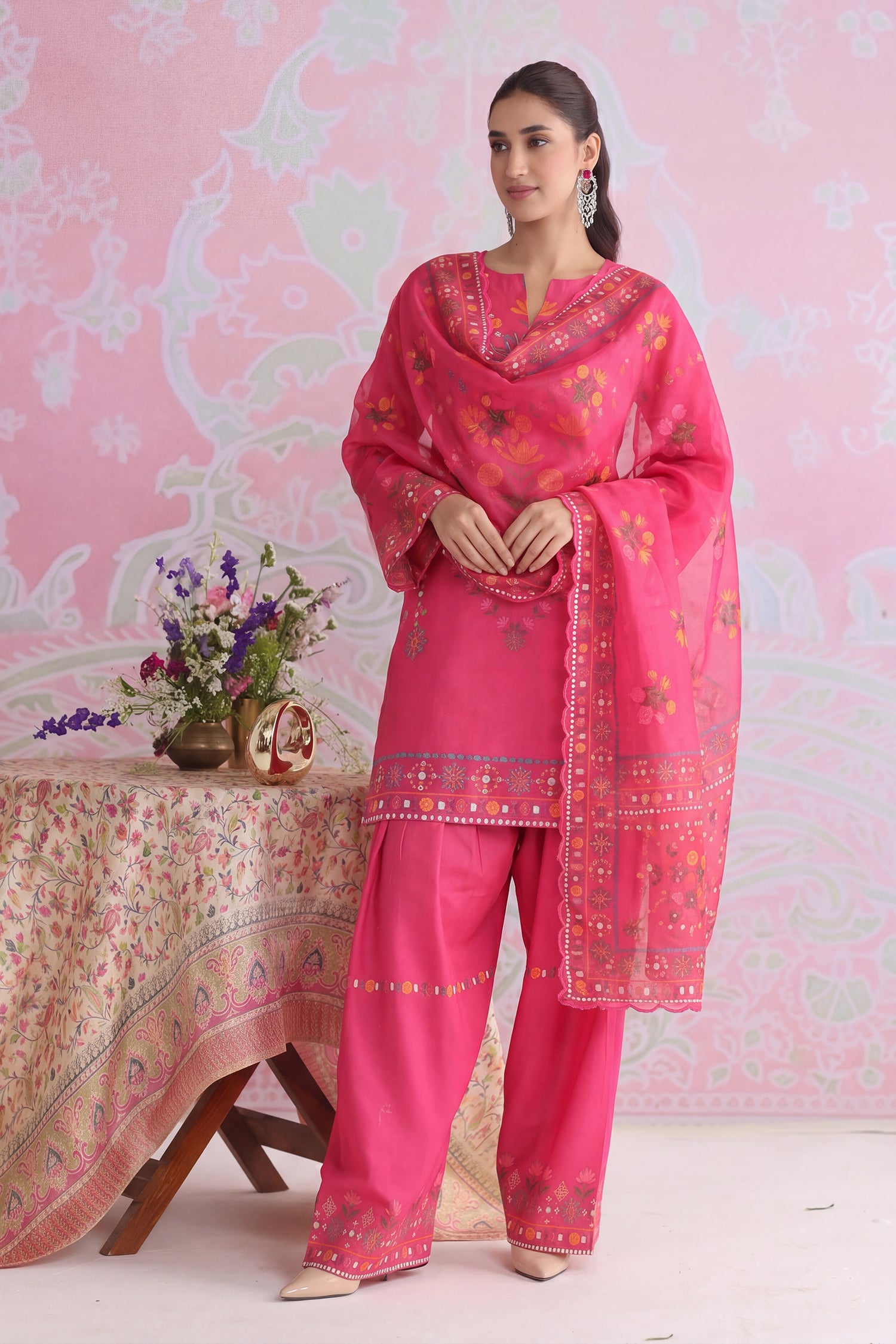 Printed Organza Dupatta in Pink