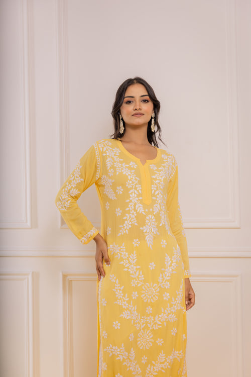 Fizaa Chikankari Long Kurti In Modal Cotton for Women- Yellow - House Of  Kari (Chikankari Clothing)