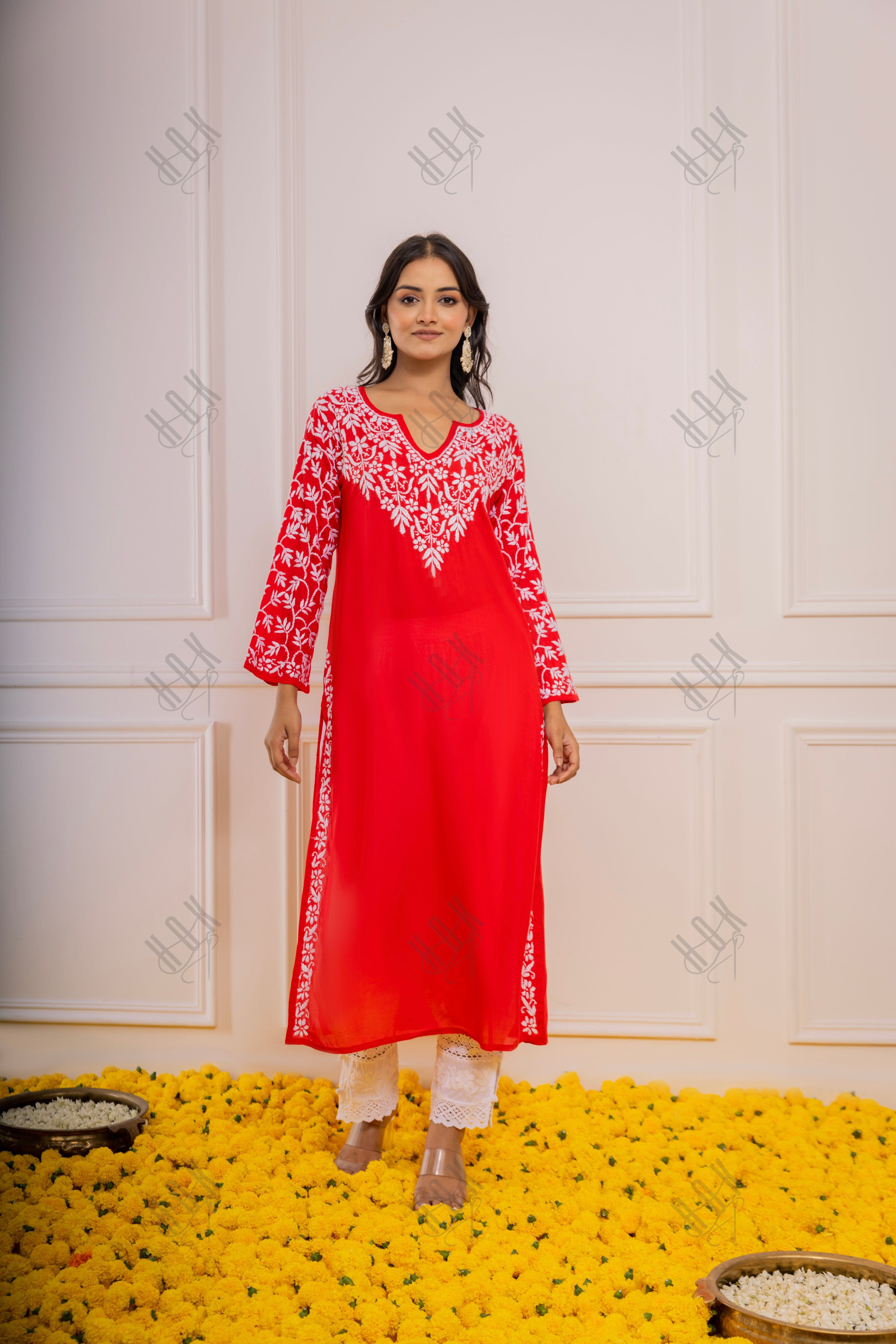 Fizaa Chikankari Radiant Red Modal Cotton Kurta