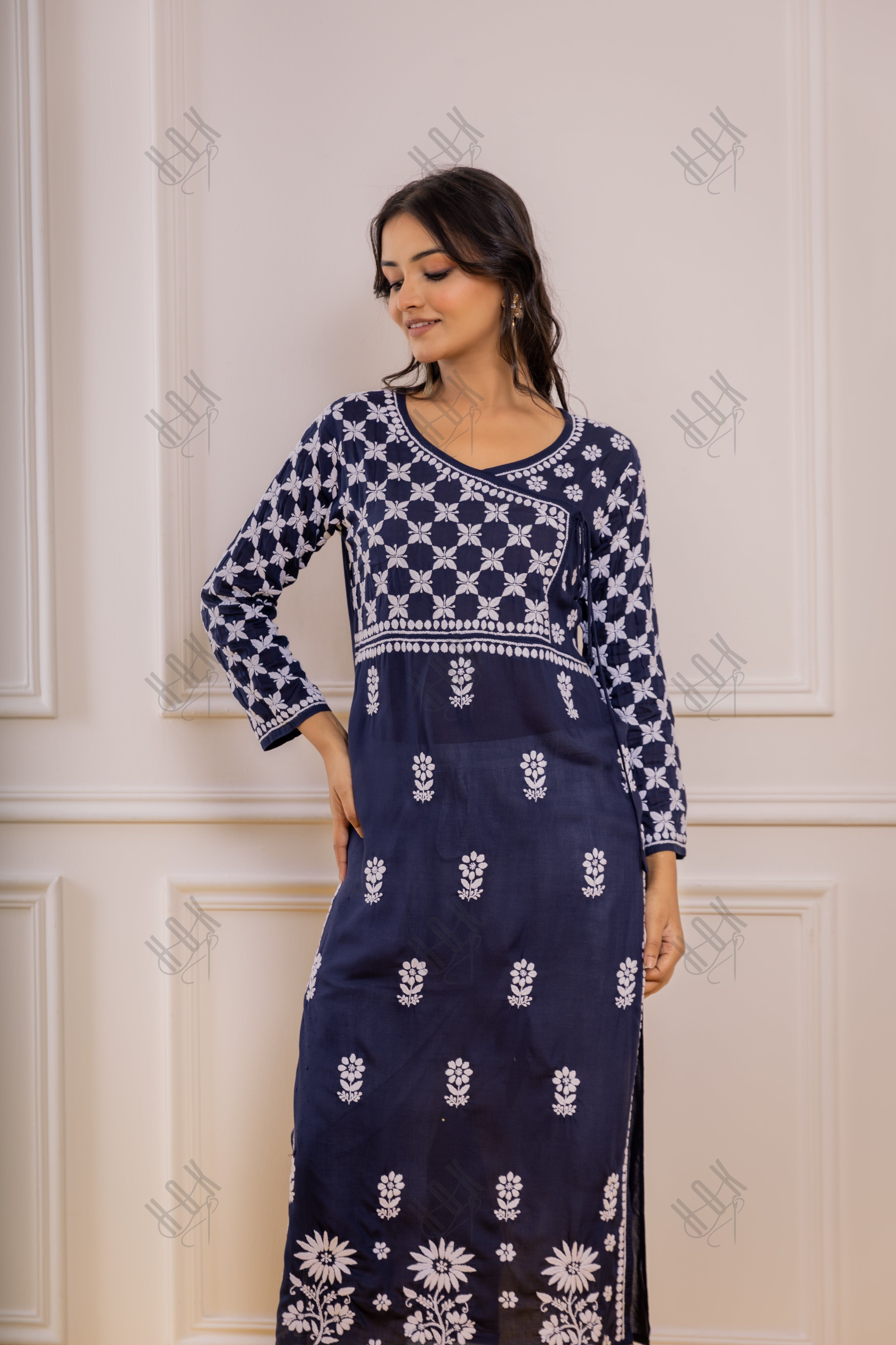 Fizaa Blue Modal Angrakha Style Kurta in Modal Cotton