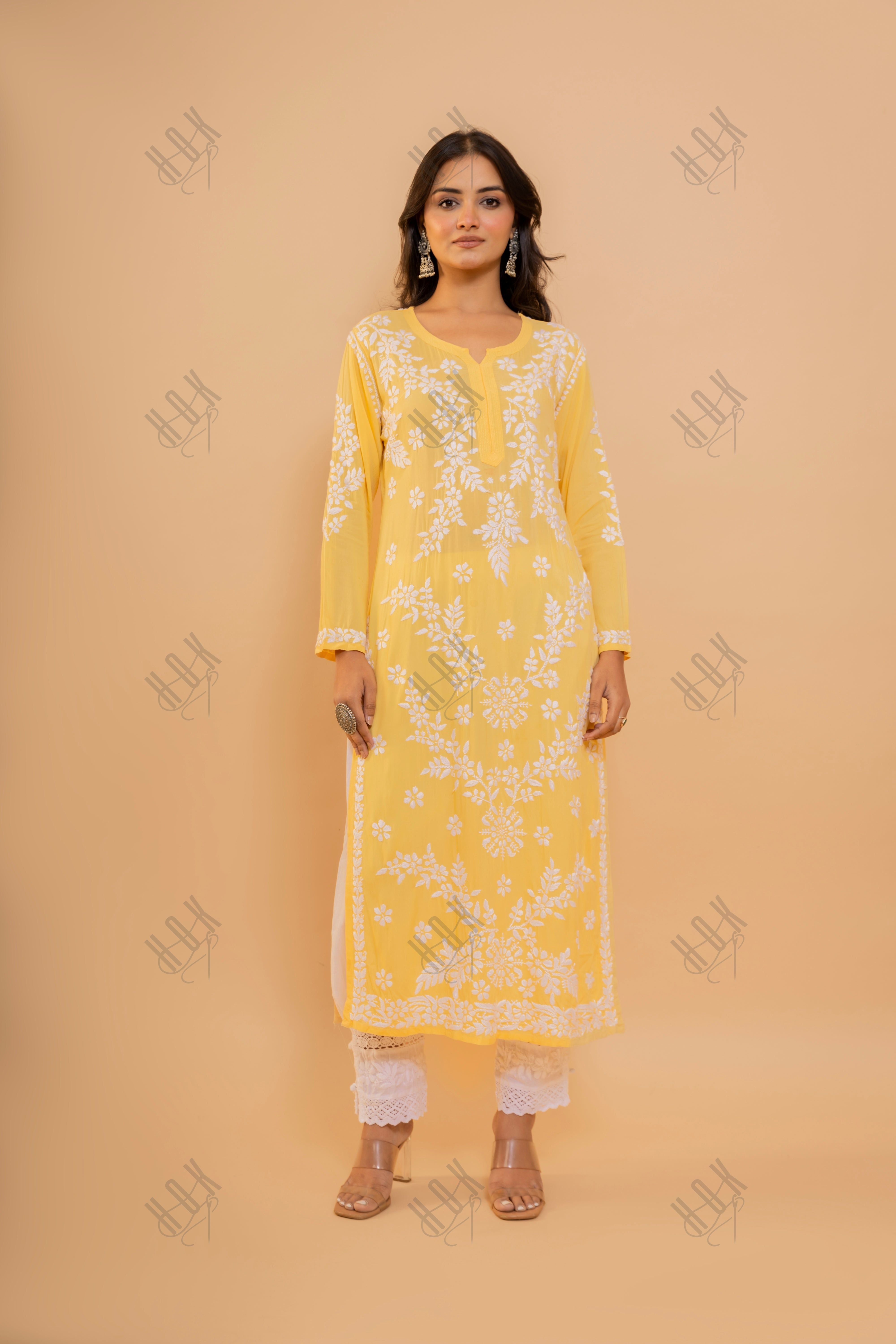 Fizaa Chikankari Long Kurti In Modal Cotton  for Women- Yellow