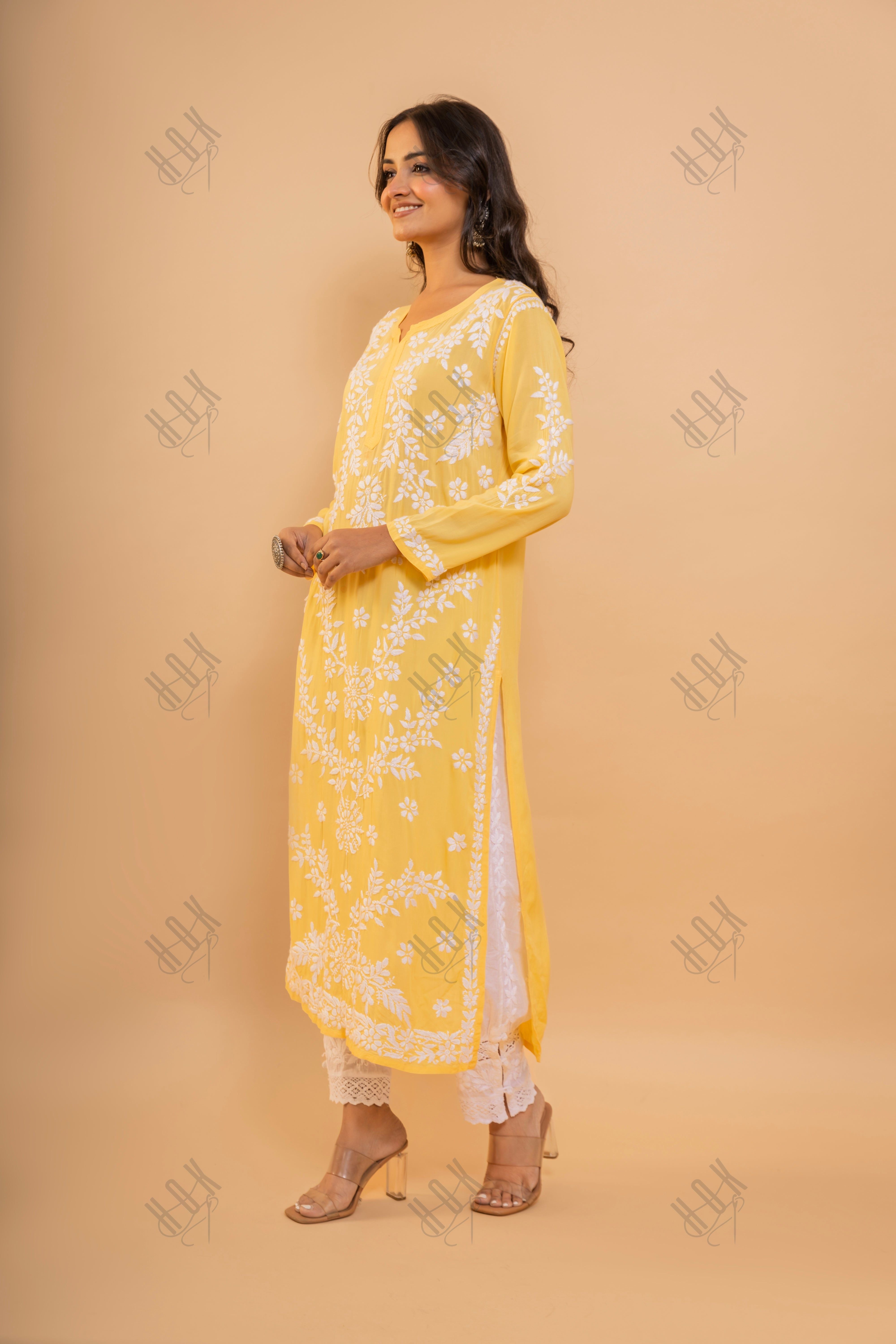 Fizaa Chikankari Long Kurti In Modal Cotton  for Women- Yellow