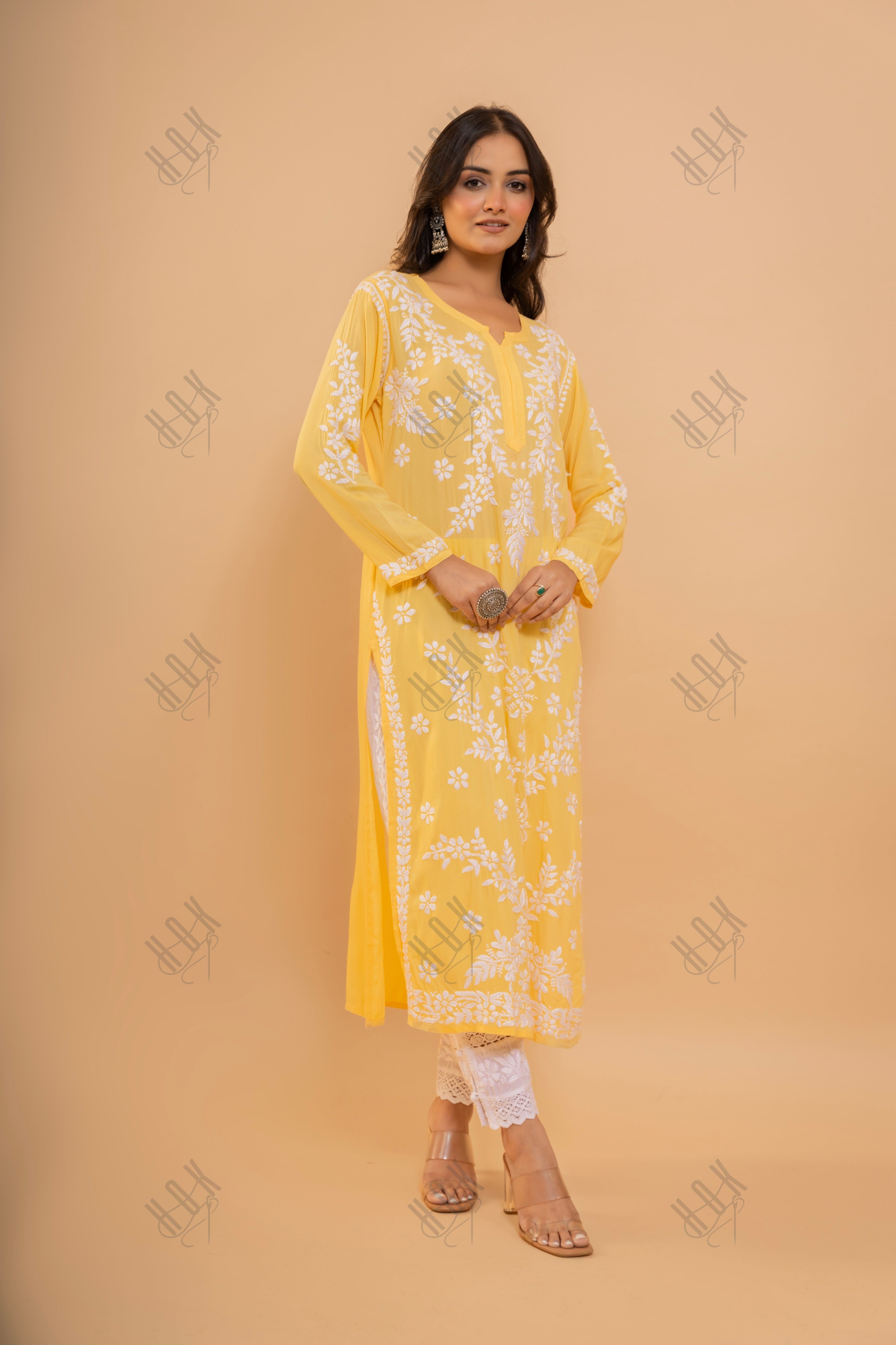 Fizaa Chikankari Long Kurti In Modal Cotton  for Women- Yellow