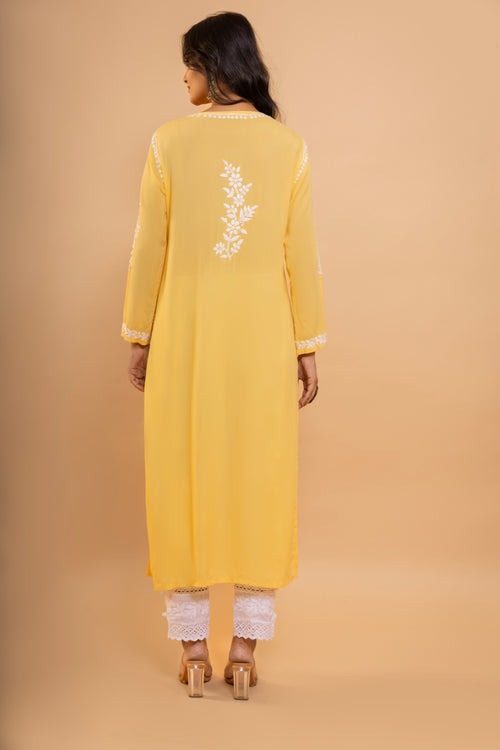Fizaa Chikankari Long Kurti In Modal Cotton  for Women- Yellow