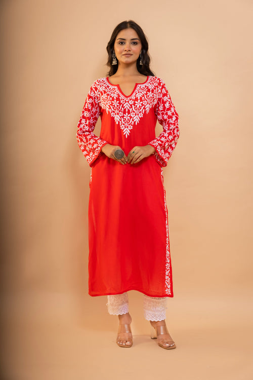 Tanu in Chikankari Radiant Red Modal Cotton Kurta