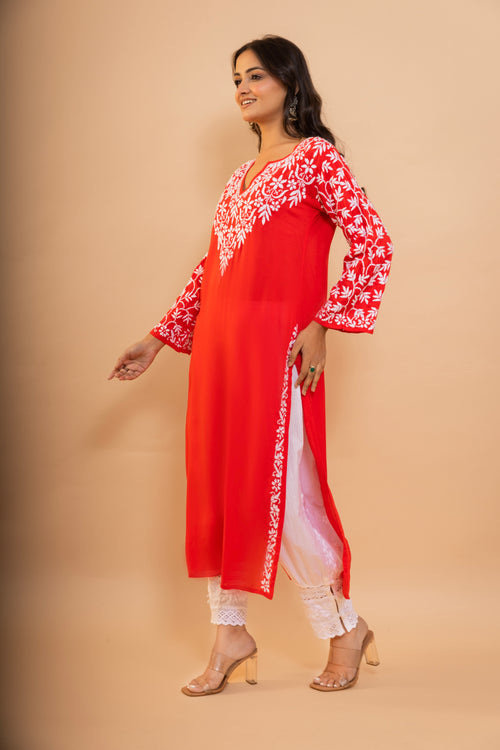 Load image into Gallery viewer, Fizaa Chikankari Radiant Red Modal Cotton Kurta

