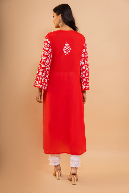 Load image into Gallery viewer, Fizaa Chikankari Radiant Red Modal Cotton Kurta
