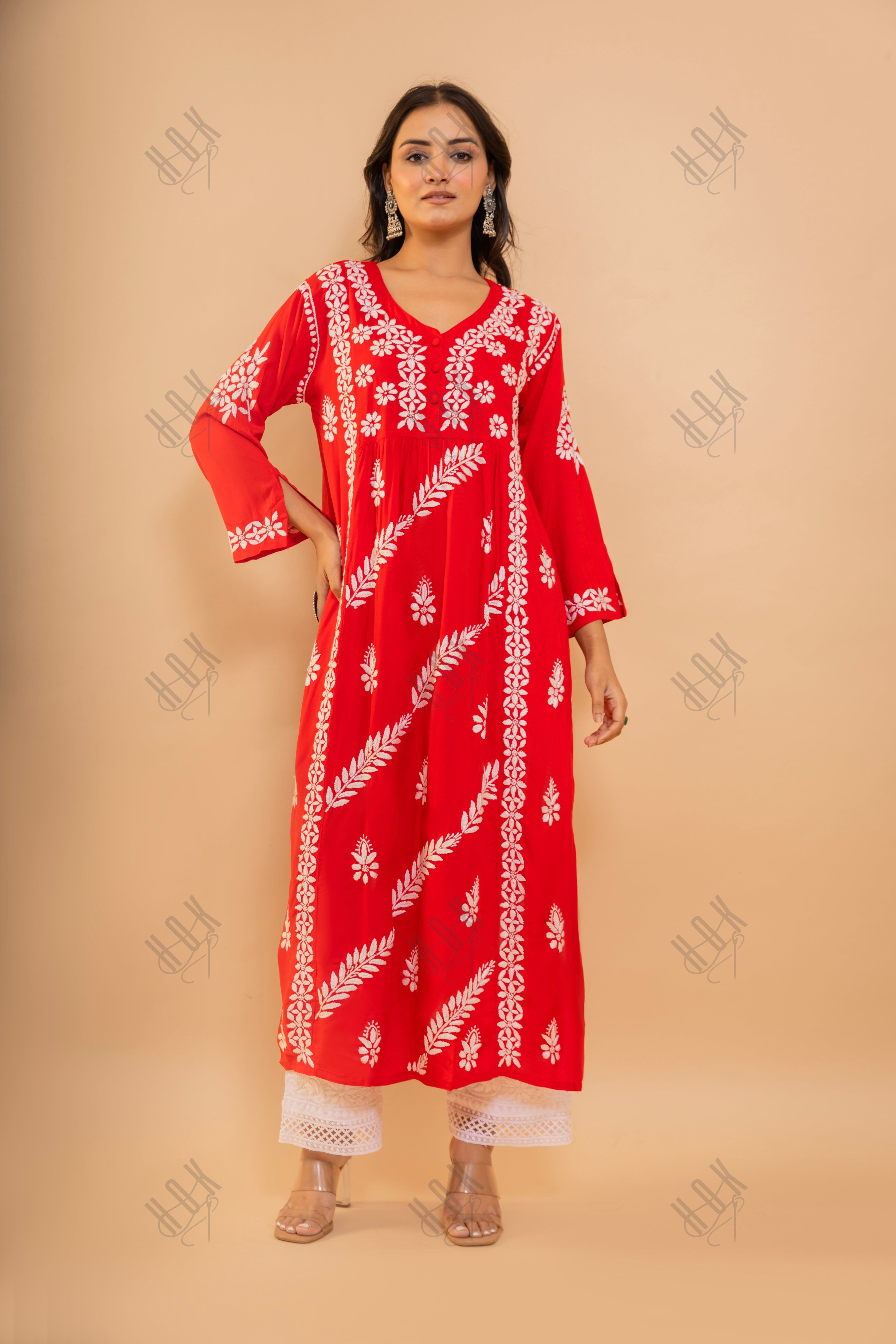 Fizaa Chikankari Kurta in Rayon Cotton V Neck Red