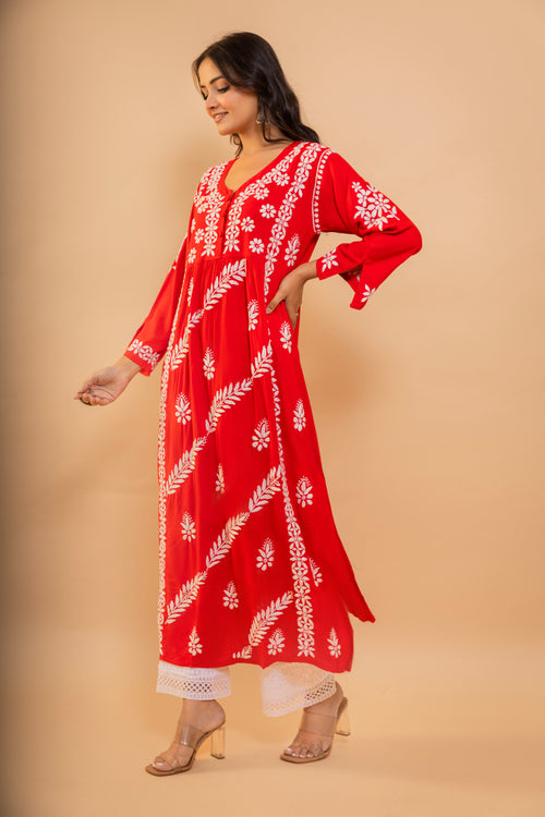 Fizaa Chikankari Kurta in Rayon Cotton V Neck Red