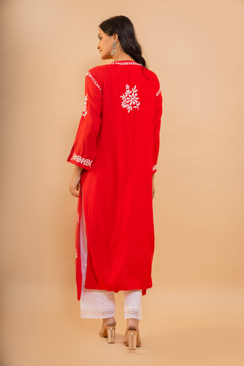Fizaa Chikankari Kurta in Rayon Cotton V Neck Red