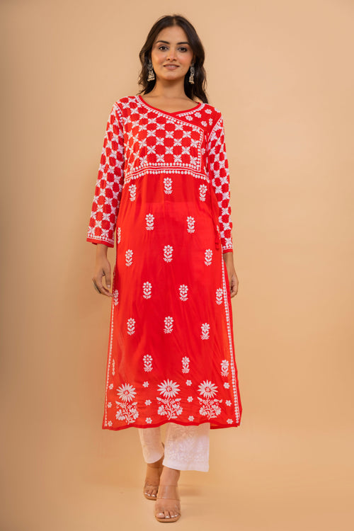 Load image into Gallery viewer, Rishita in Fizaa Red Modal Angrakha Style Kurta in Modal Cotton
