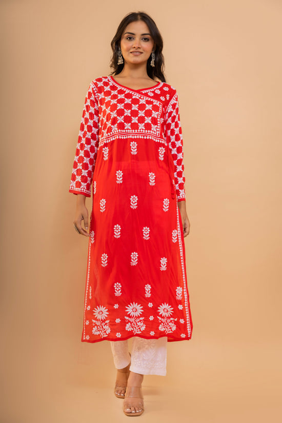 Rishita in Fizaa Red Modal Angrakha Style Kurta in Modal Cotton