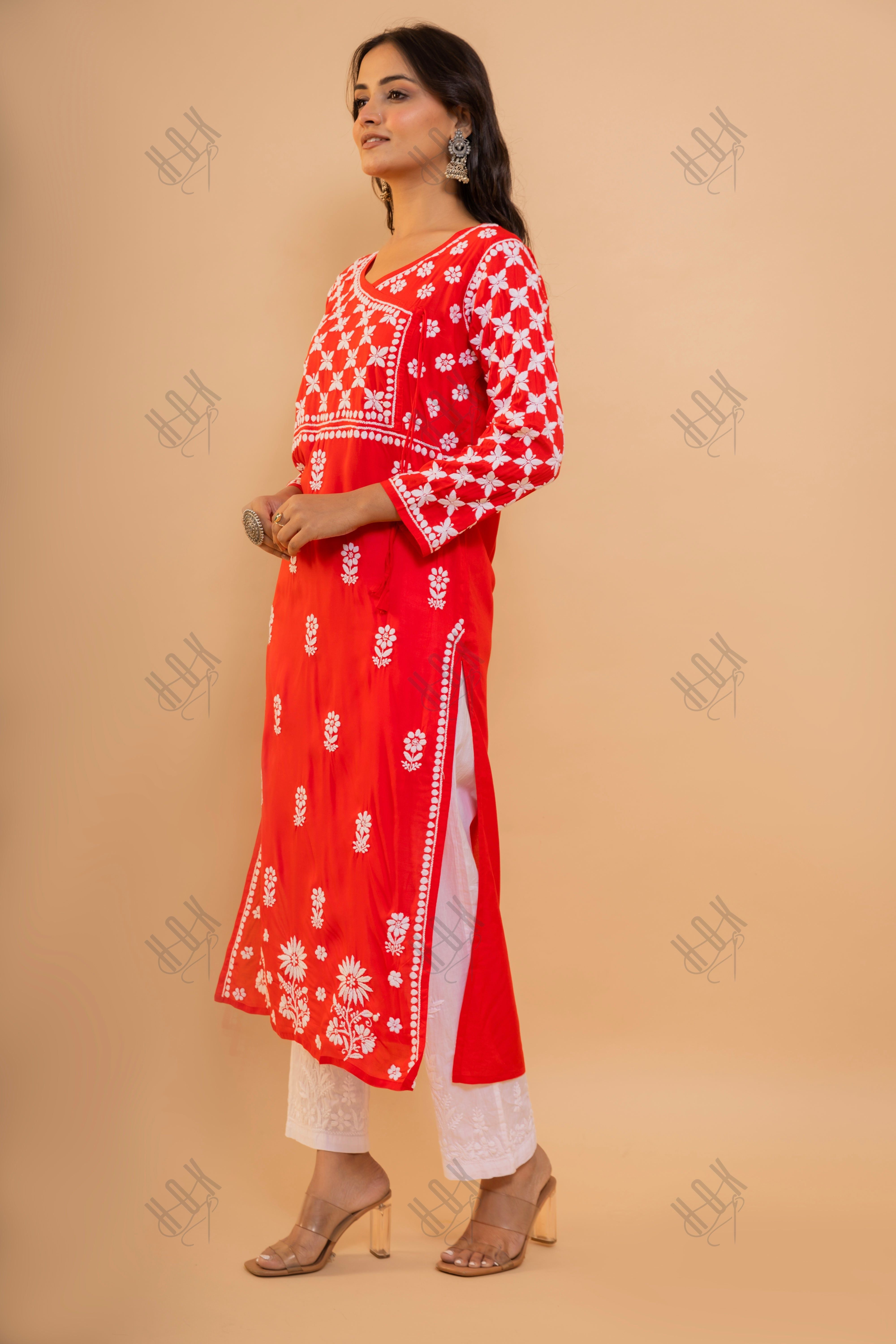 Rishita in Fizaa Red Modal Angrakha Style Kurta in Modal Cotton