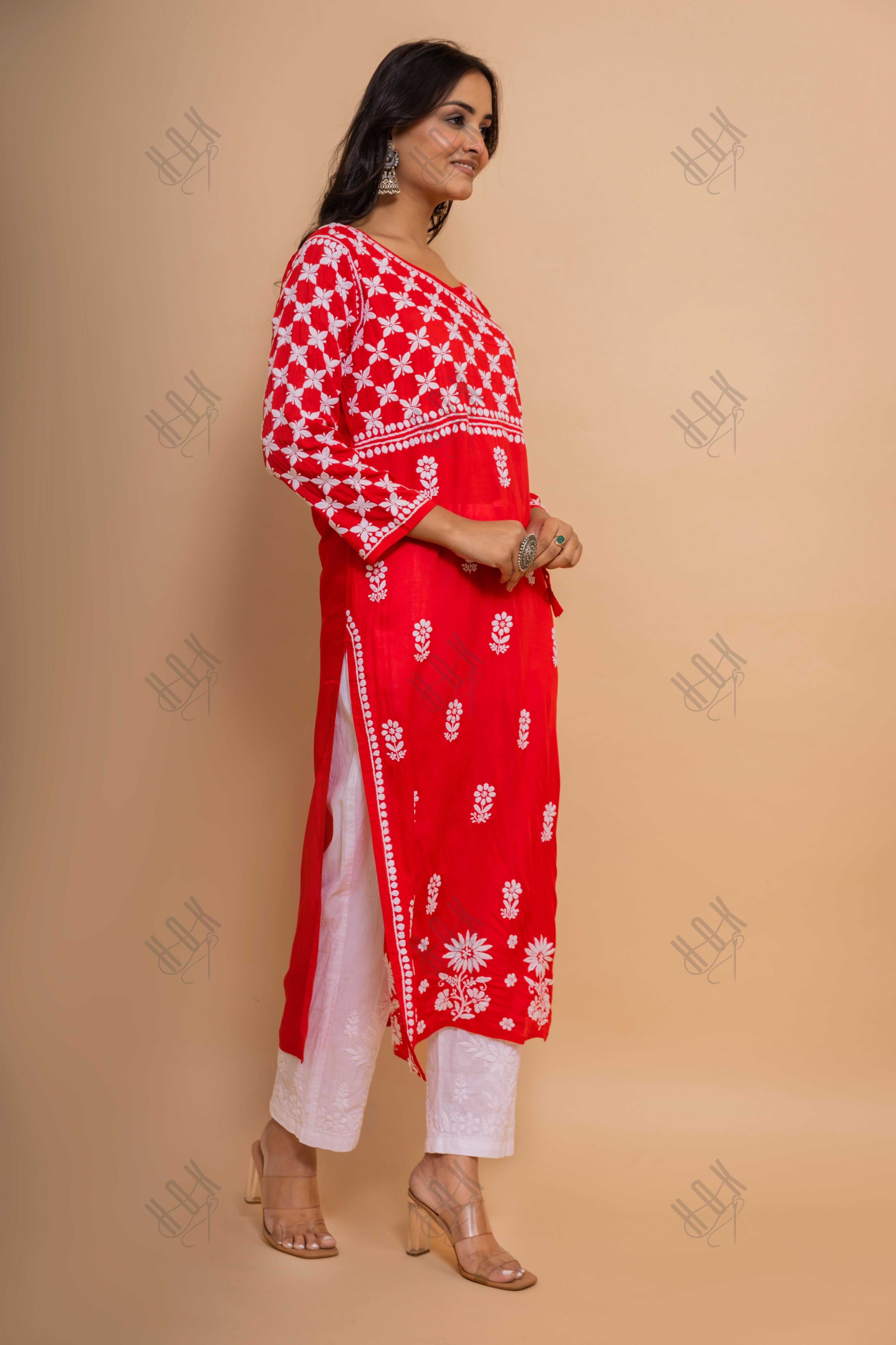 Fizaa Red Modal Angrakha Style Kurta in Modal Cotton