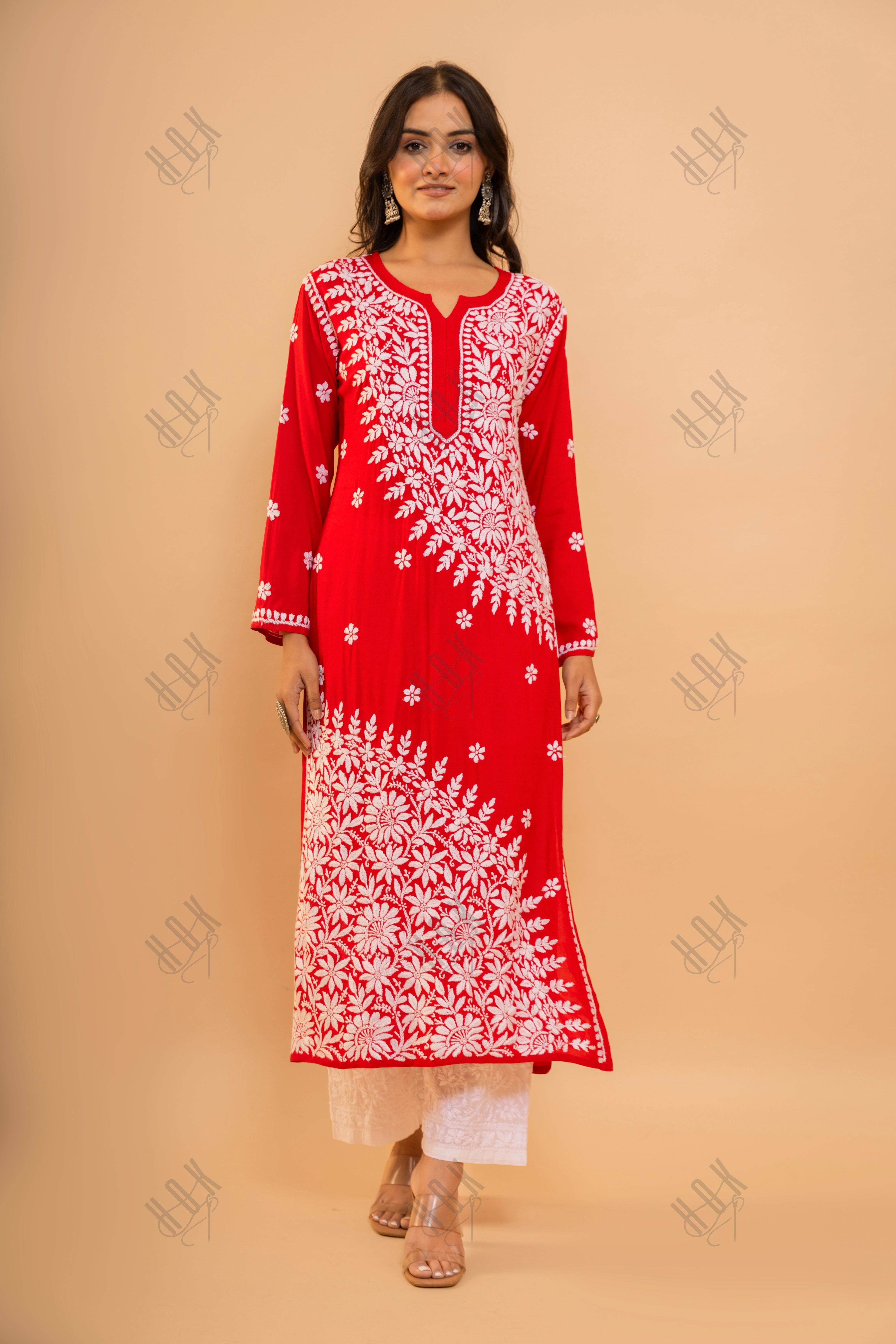 Red Fizaa Chikankari Modal Cotton Kurta