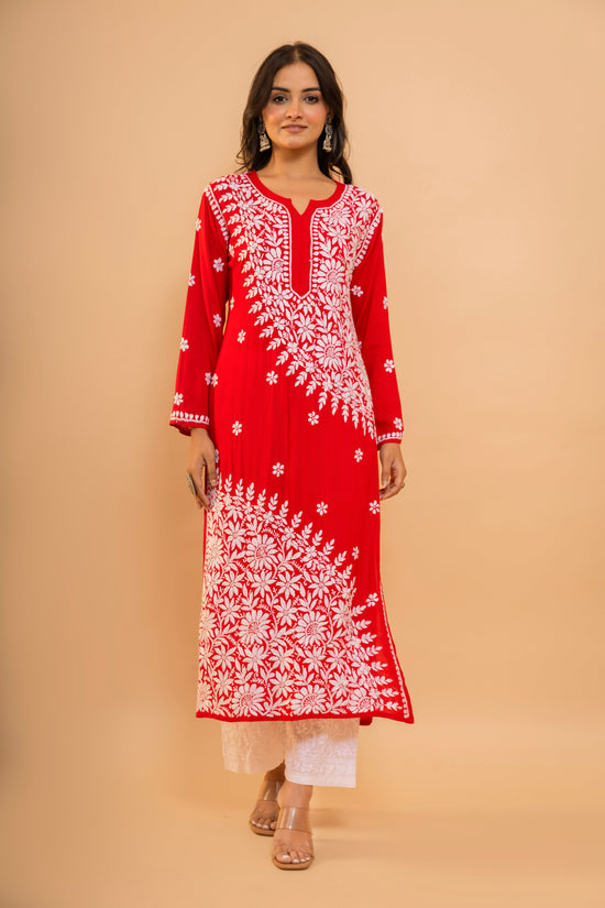 Aanchal Hans in Red Fizaa Chikankari Modal Cotton Kurta