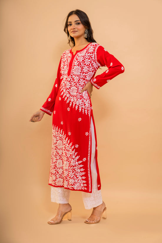 Aanchal Hans in Red Fizaa Chikankari Modal Cotton Kurta