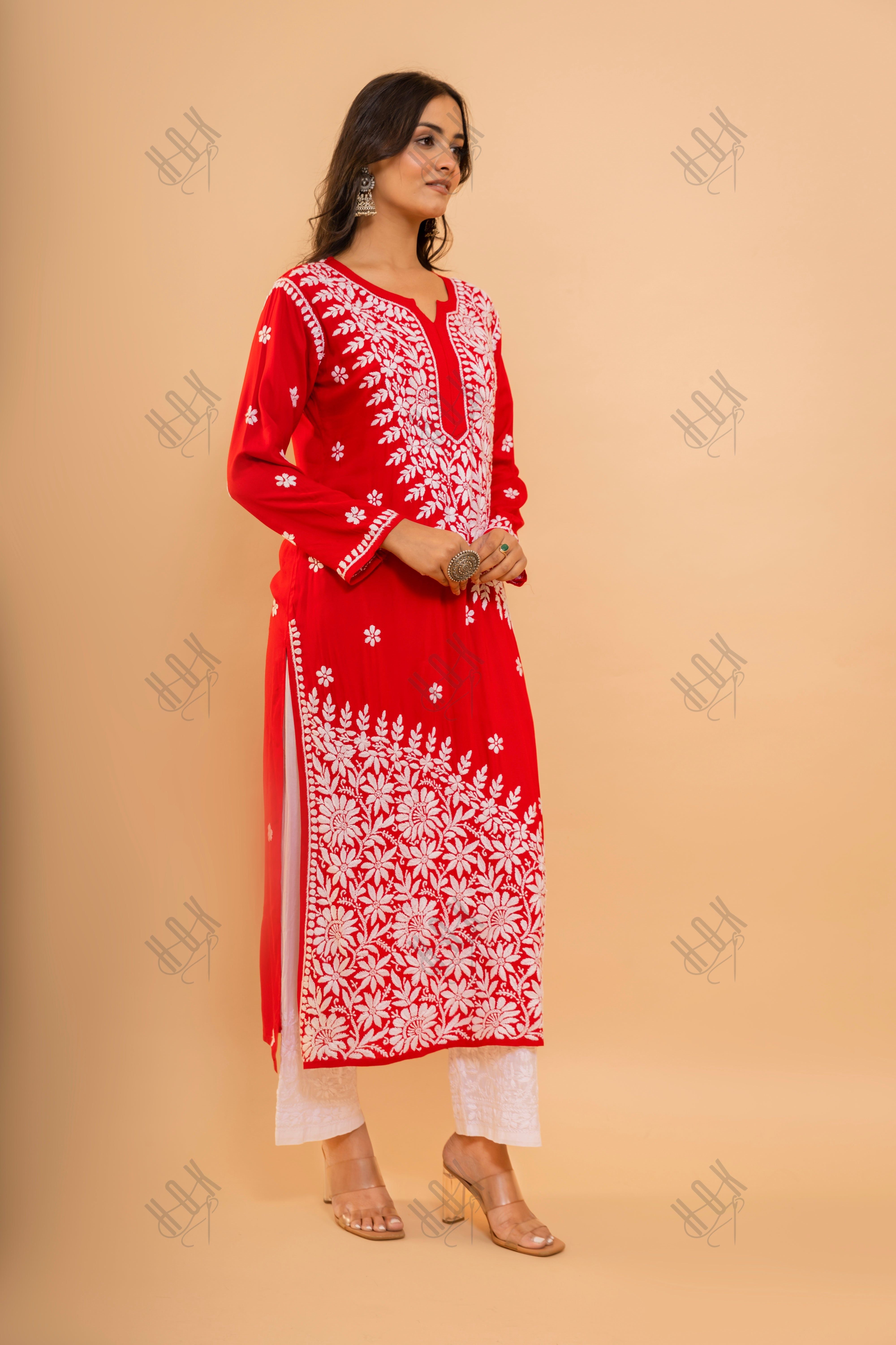 Aanchal Hans in Red Fizaa Chikankari Modal Cotton Kurta