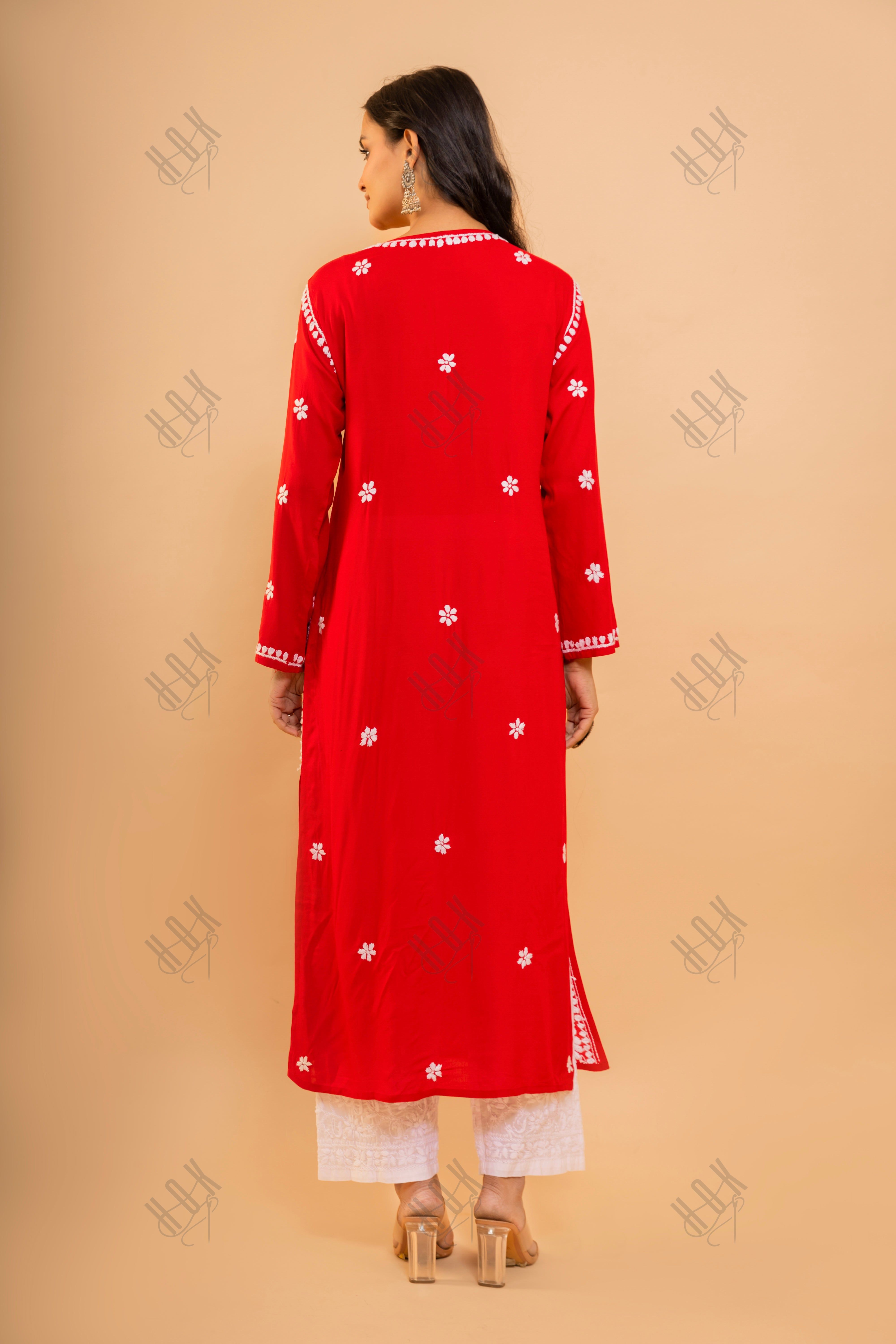 Red Hand Embroidered Chikankari Kurta - House Of Kari (Chikankari