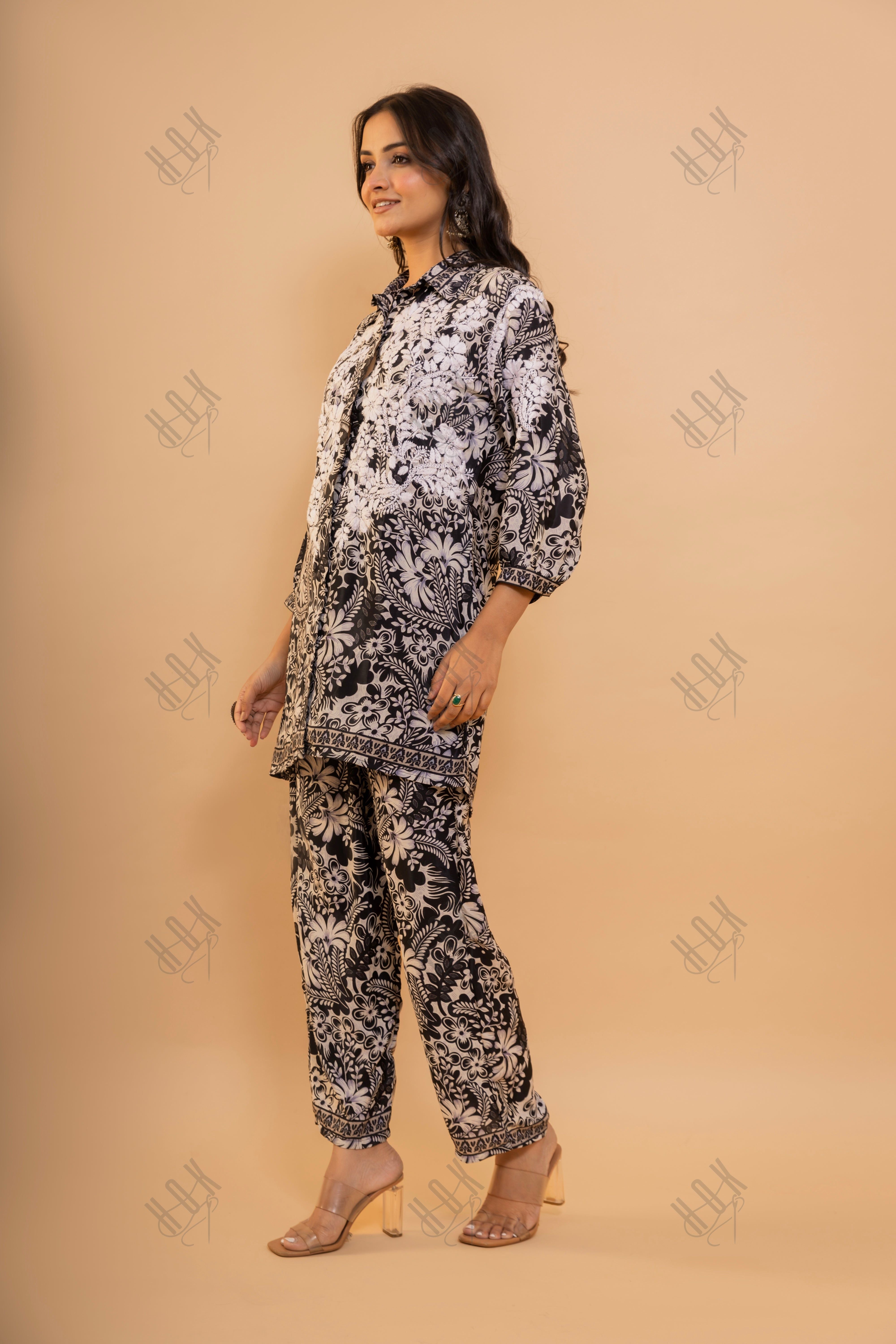 Sophisticated Black Polysilk Shirt Set with Chic White Print