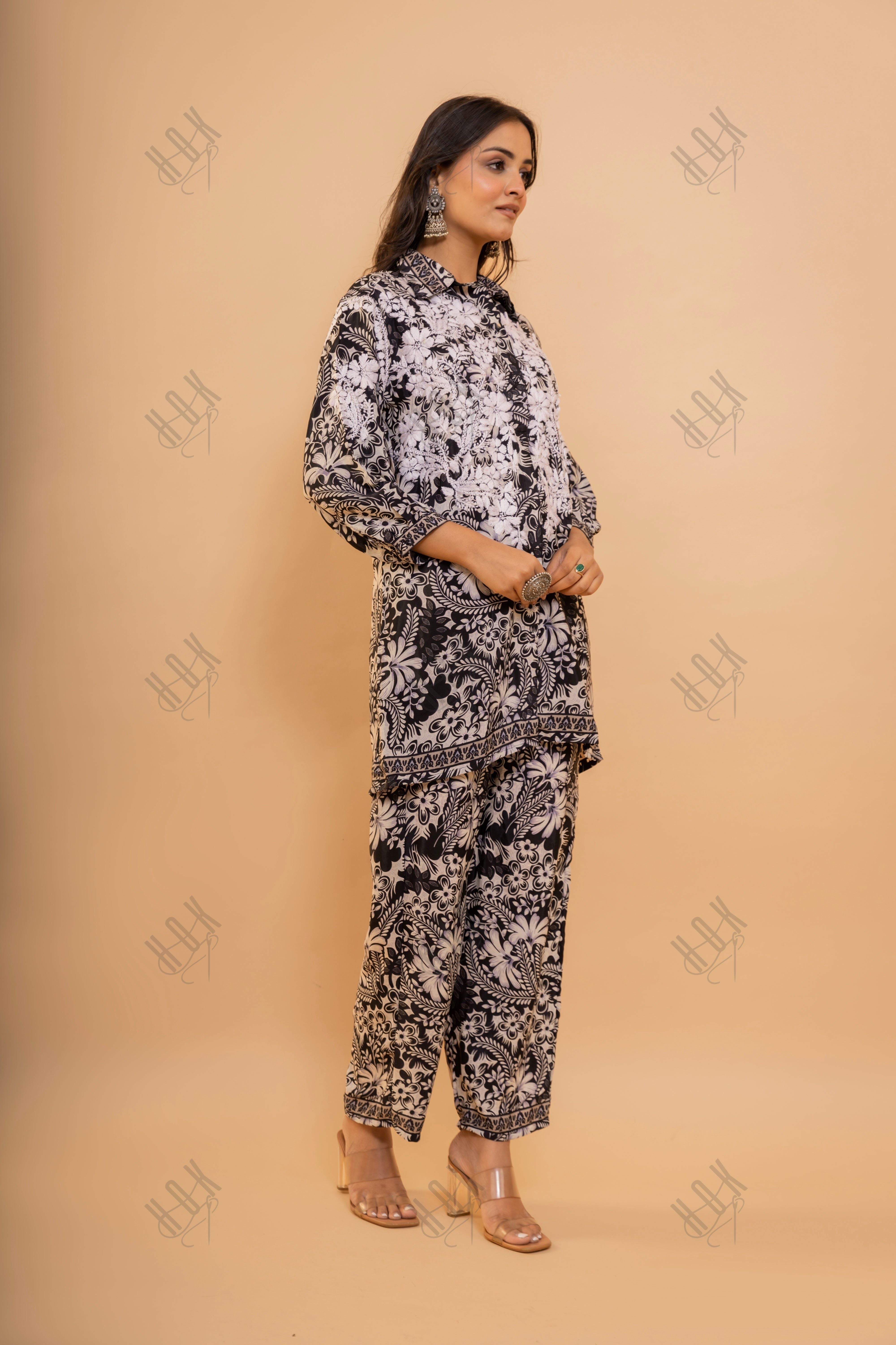 Sophisticated Black Polysilk Shirt Set with Chic White Print