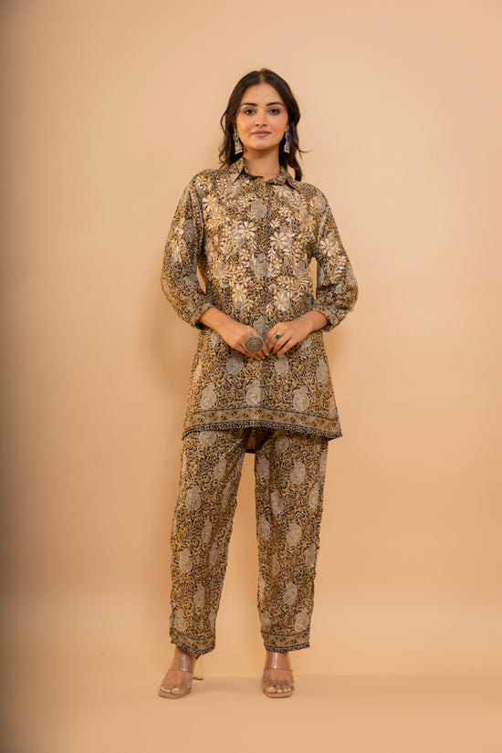 Fizaa Black and Golden Polysilk Print Set with Beige Hand Embroidery