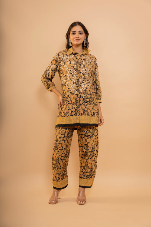 FIzaa Black and Golden Silk Print Set with Beige Hand Embroidery