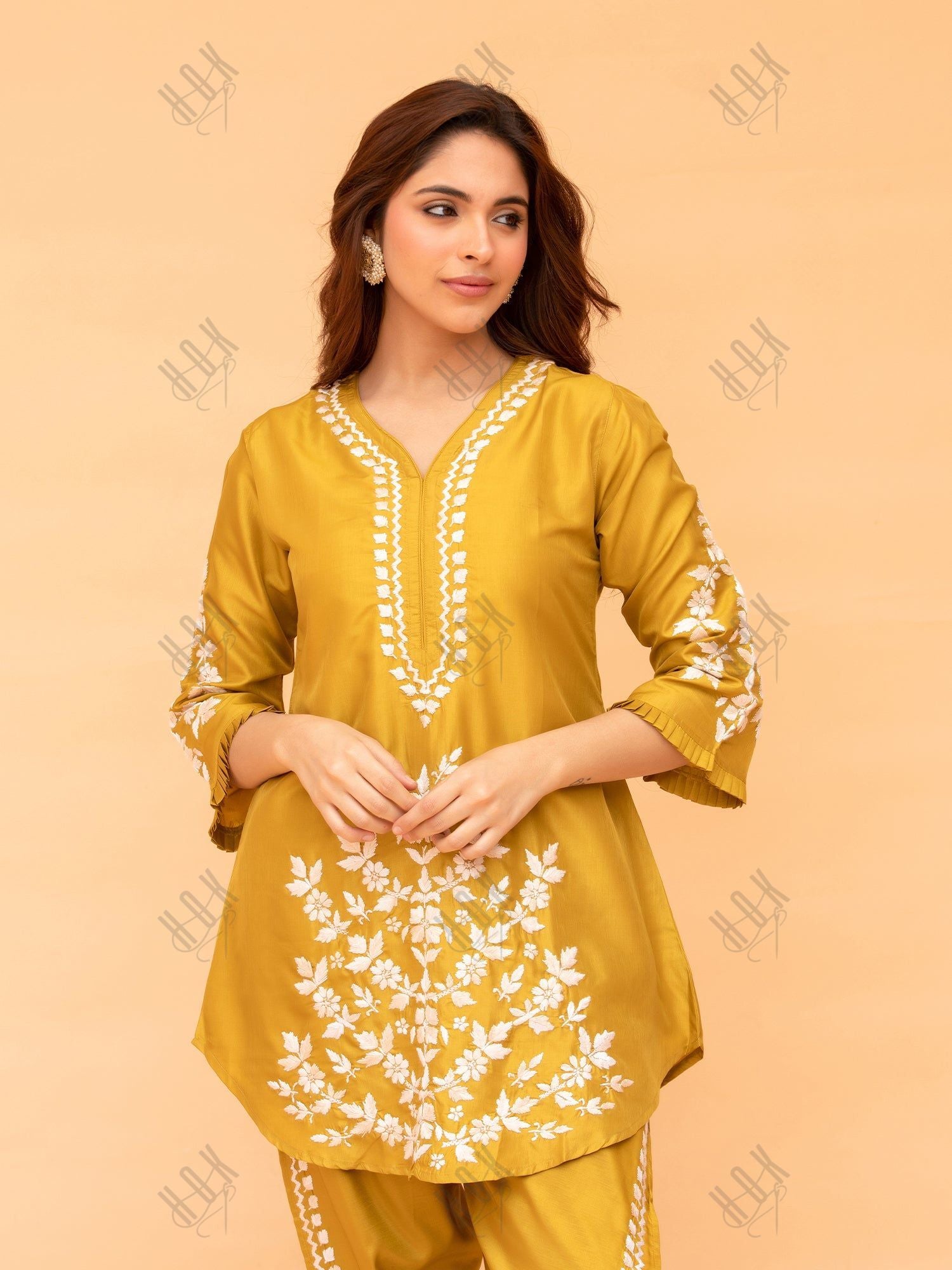 Saba Chikankari Kurta Set in Habutai Silk - Mustard