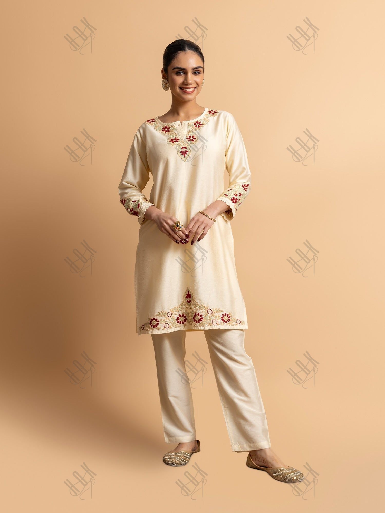 Rimple in Fizaa's Chikankari Chanderi Silk Kurta Set for Women - Beige