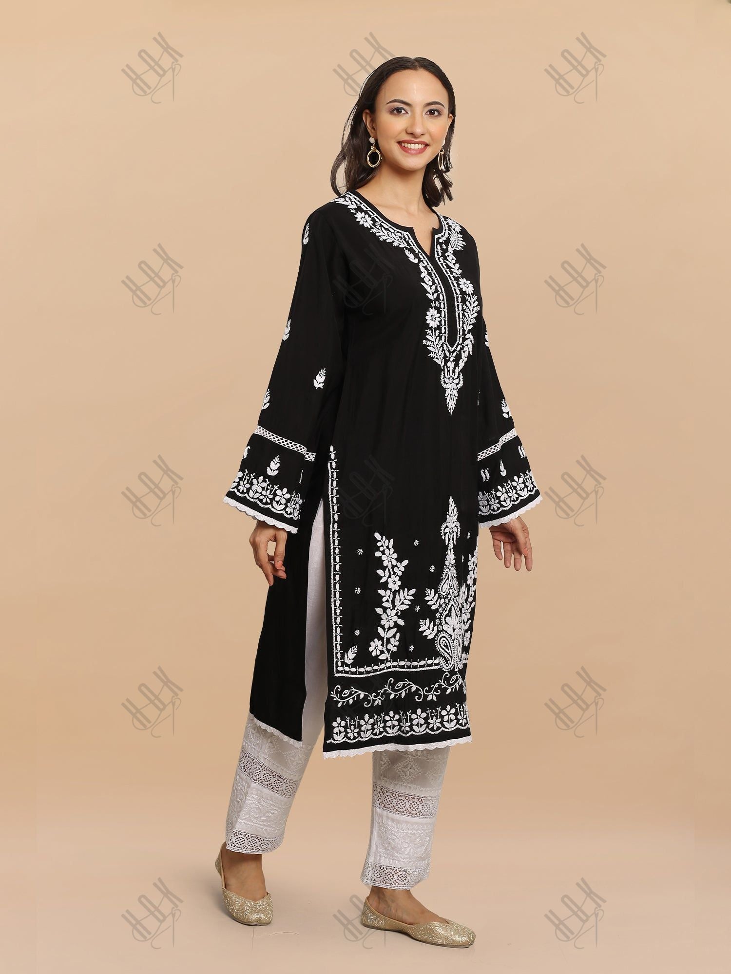 Saba Chikankari Long kurta  in Modal Silk - Black