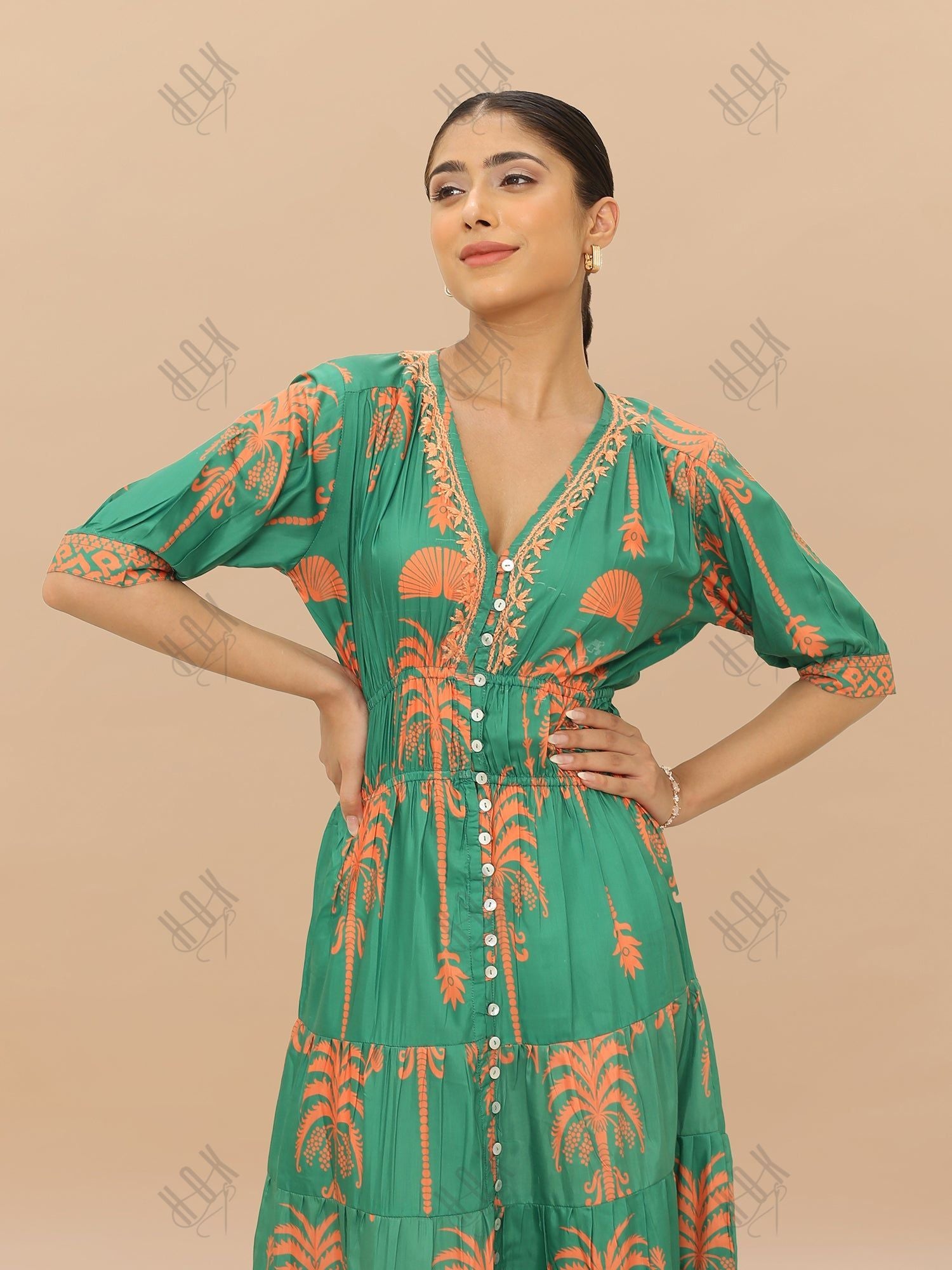 Saba Chikanakri Dress in Printed Muslin  - Green